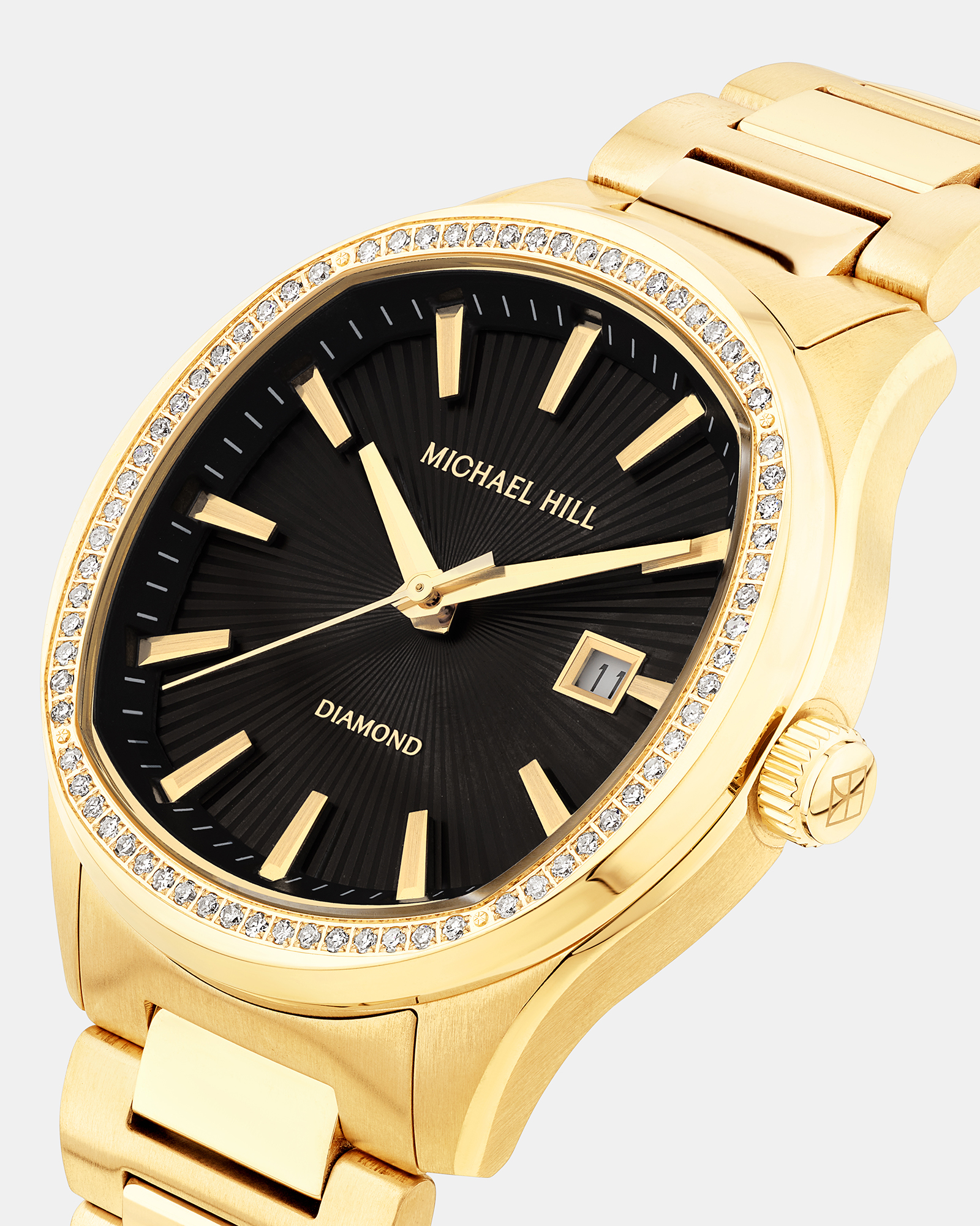Men's Diamond Quartz Yellow Gold Tone Stainless Steel Watch with Black Dial