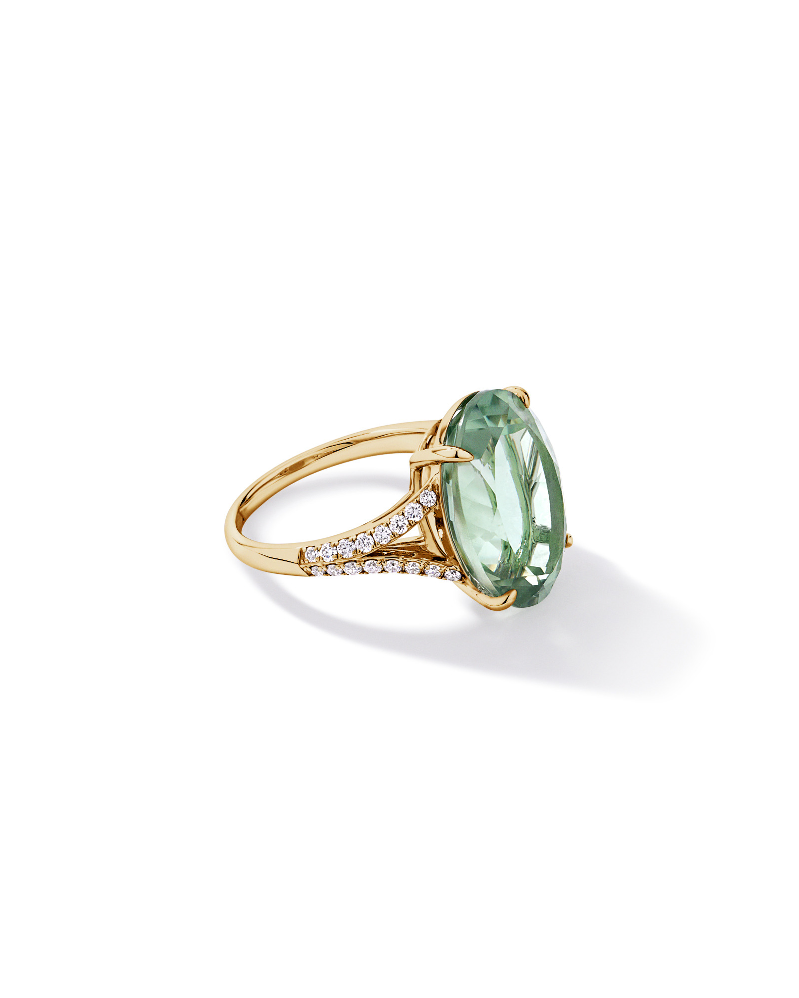 Oval Green Amethyst & 0.33 Carat TW Diamond Split Shank Ring 10kt Yellow Gold