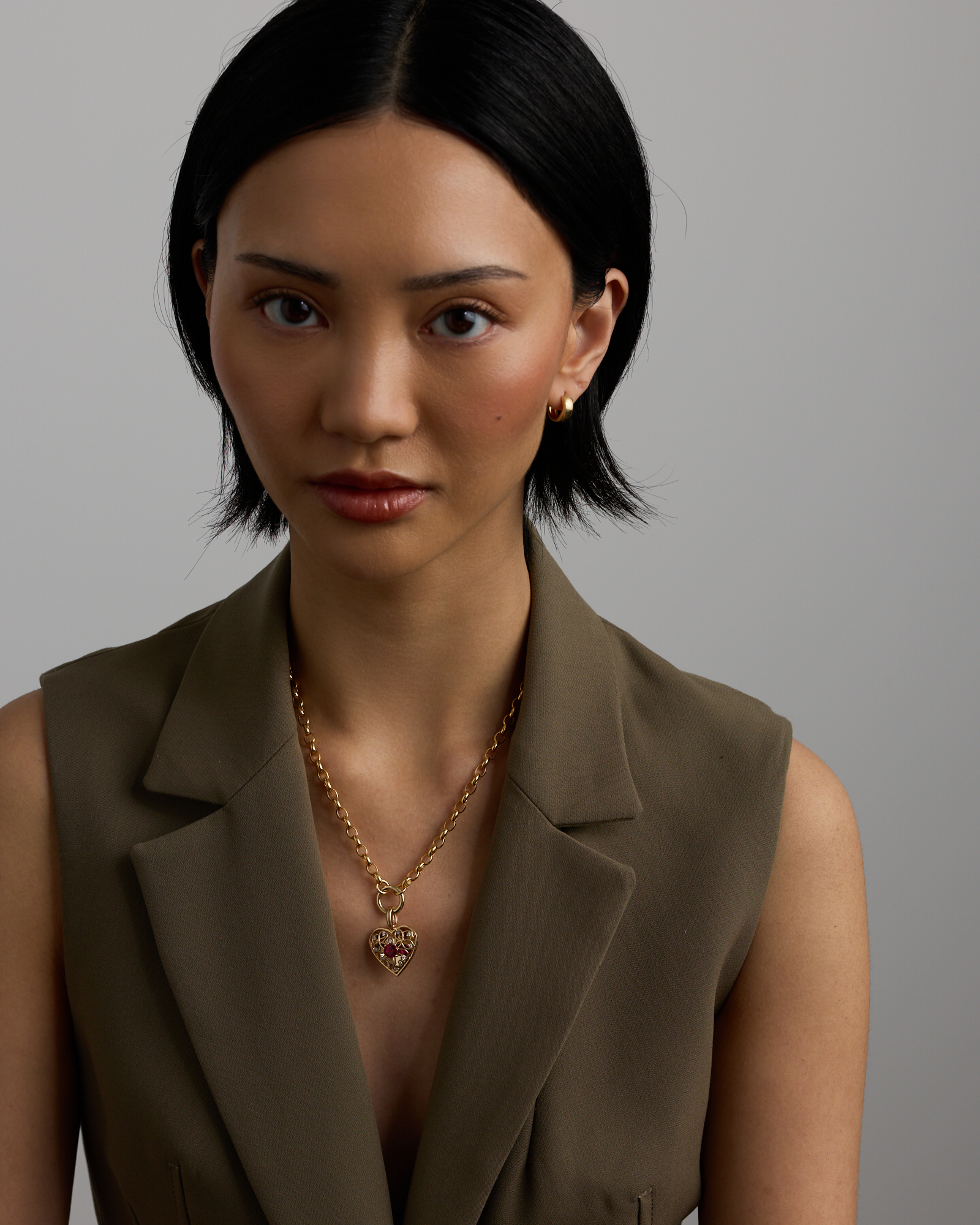 Red Created Ruby Gemstone and Diamond Filigree Heart Enhancer Pendant in 10kt Yellow Gold