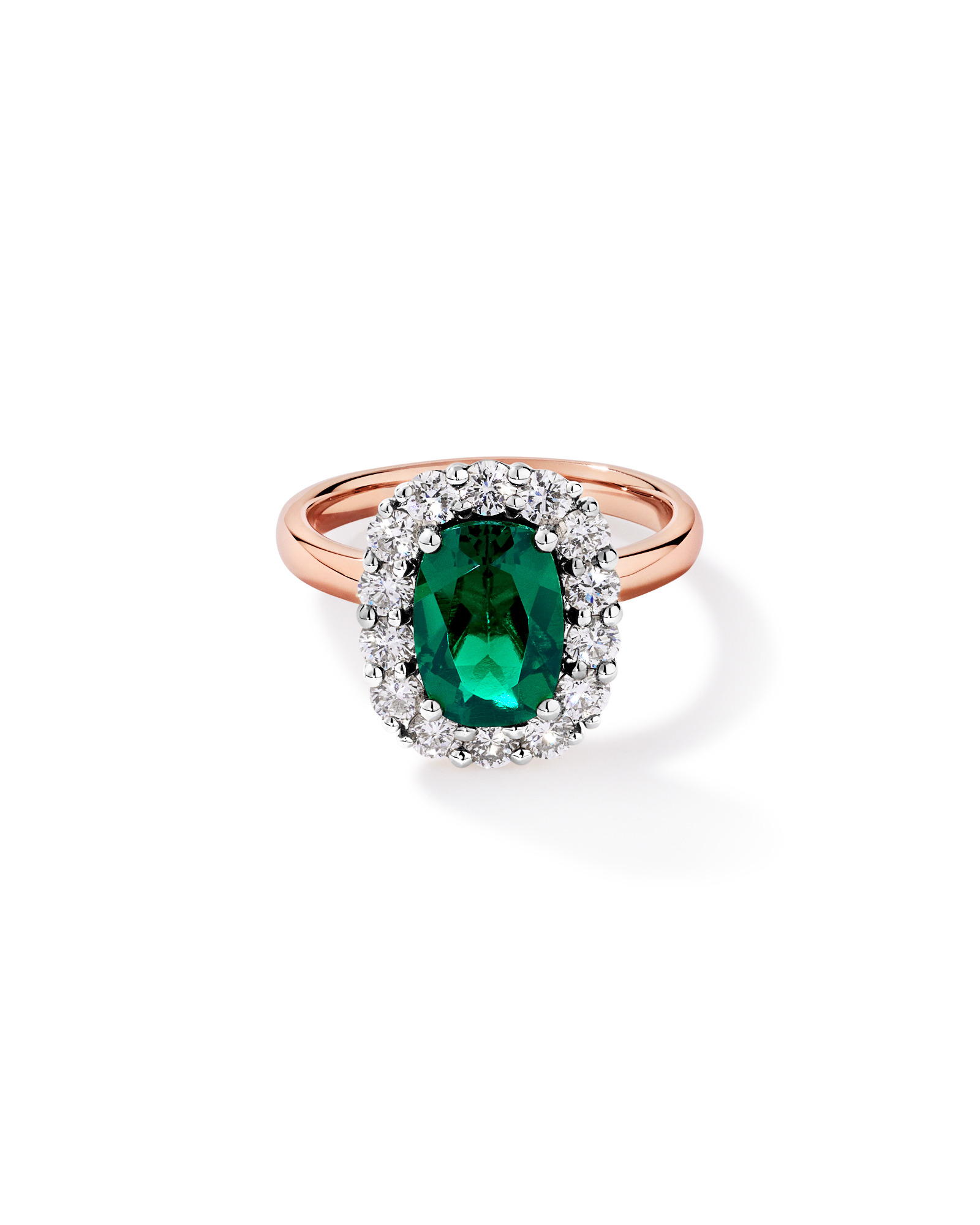 Création de la bague halo en diamant émeraude et 0,96 carat TW cultivée laboratoire or rose blanc 10 carats