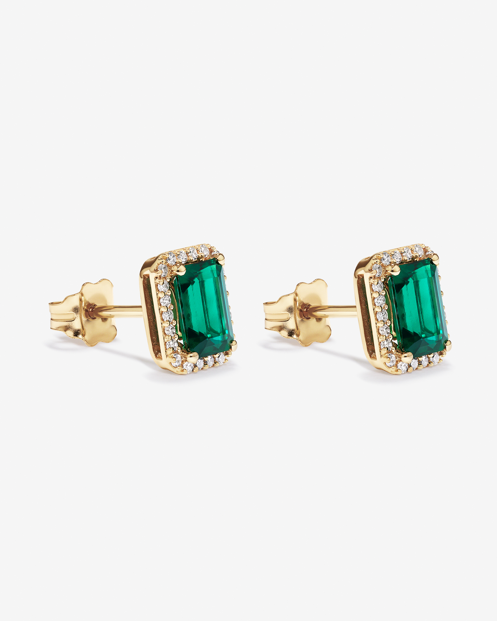 Emerald Cut Green Created Emerald Gemstone and Diamond Halo Earrings in 10kt Yellow Gold