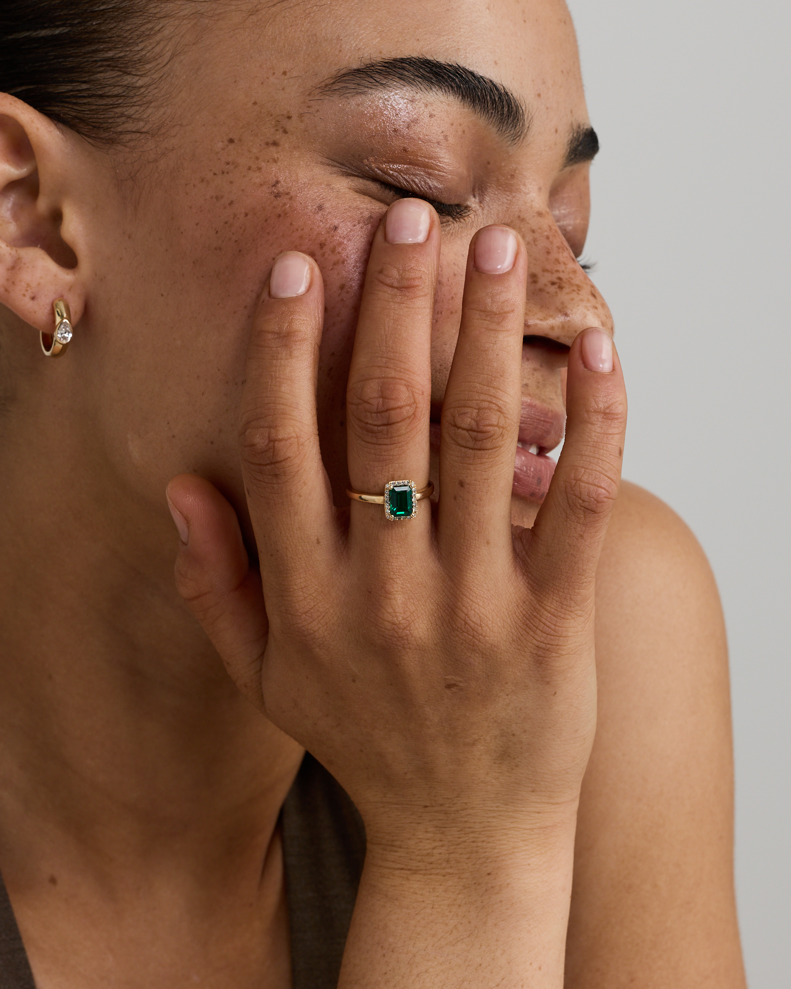 Emerald Cut Green Created Gemstone and Diamond Halo Ring 10kt Yellow Gold