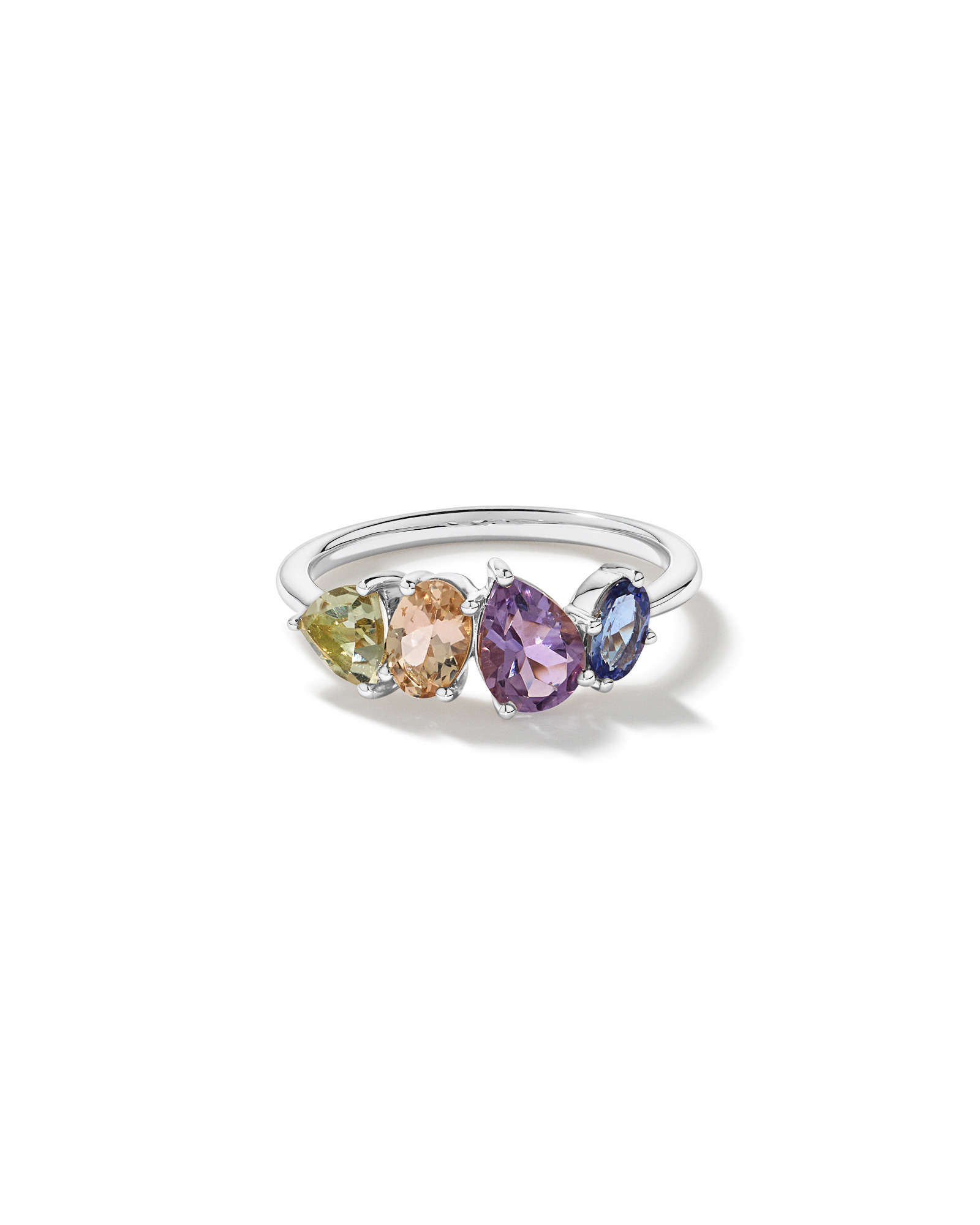 Anneau multi-gemmes en améthyste verte, morganite, rose et tanzanite or blanc 10 carats