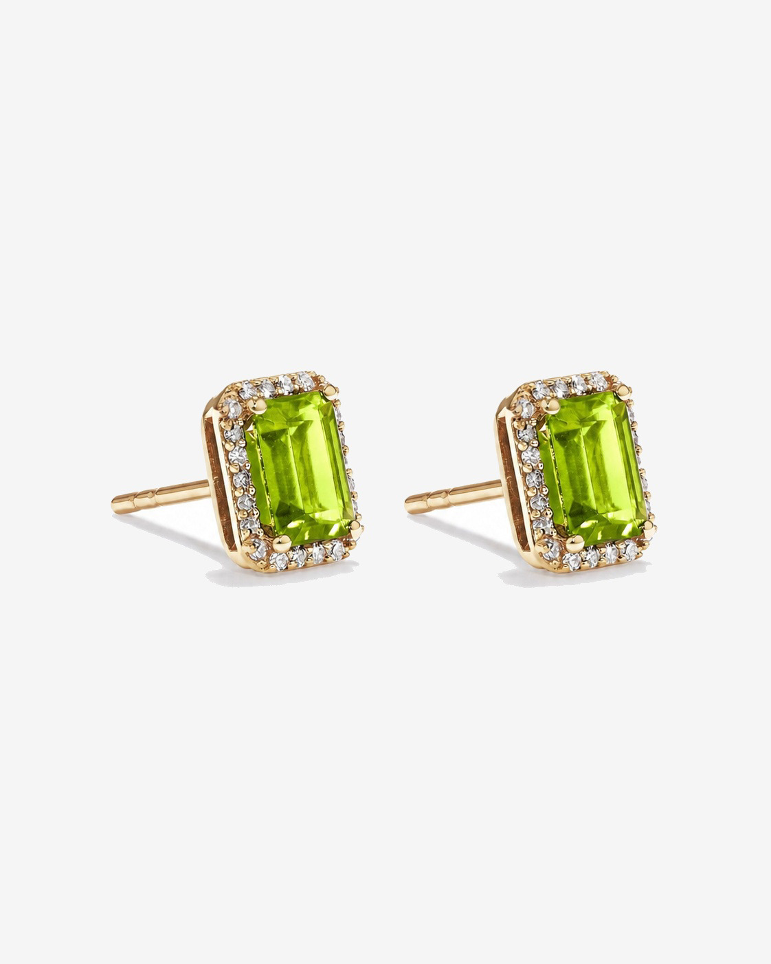 Emerald Cut Peridot and Diamond Halo Earrings in 10kt Yellow Gold
