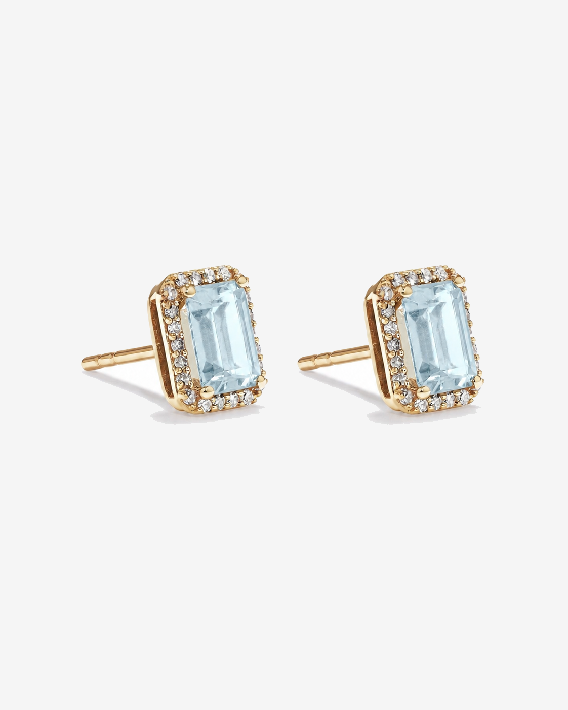 Emerald Cut Aquamarine and Diamond Halo Earrings in 10kt Yellow Gold