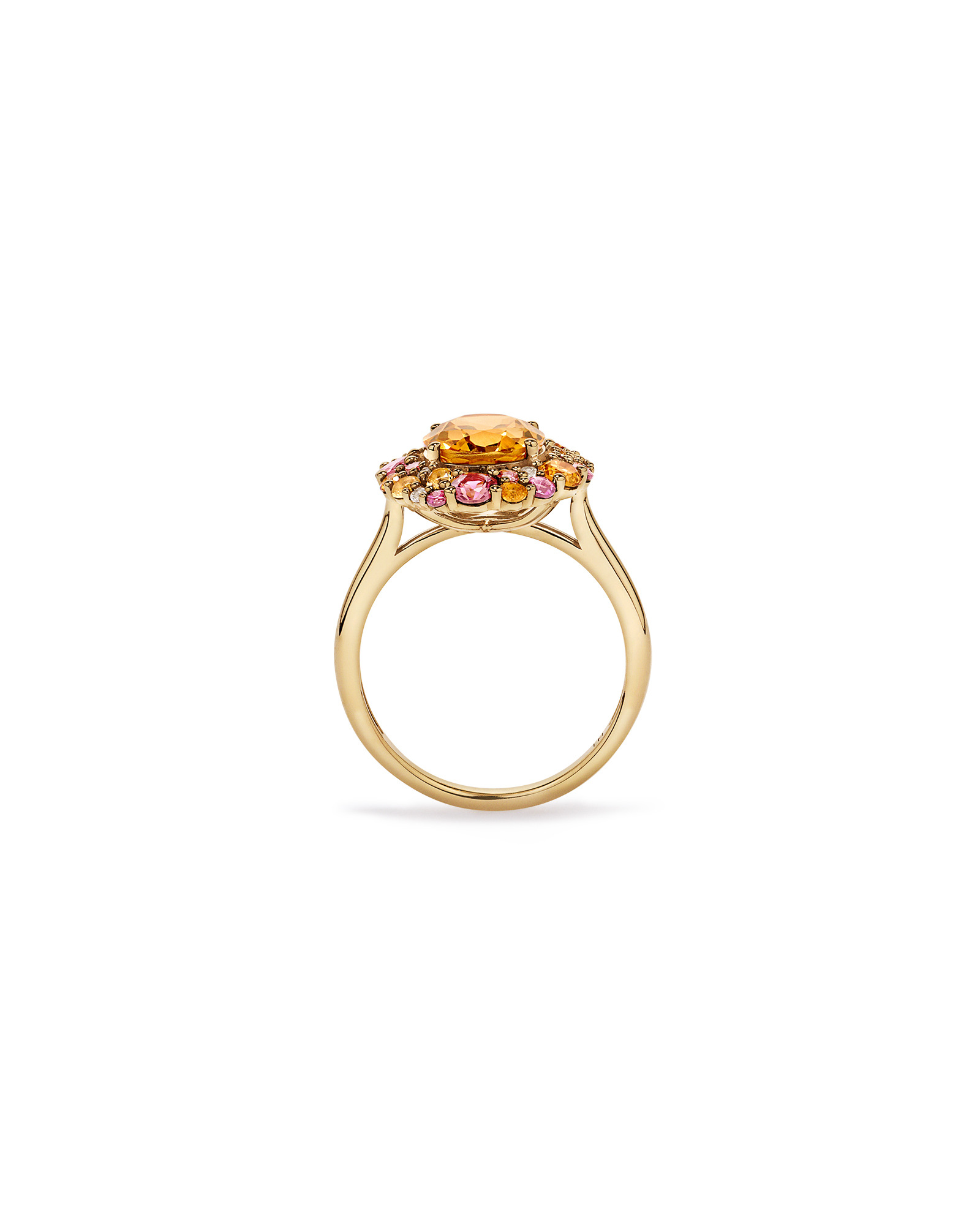 Oval Cut Citrine, Pink Tourmaline & White Topaz Halo Ring 10kt Yellow Gold