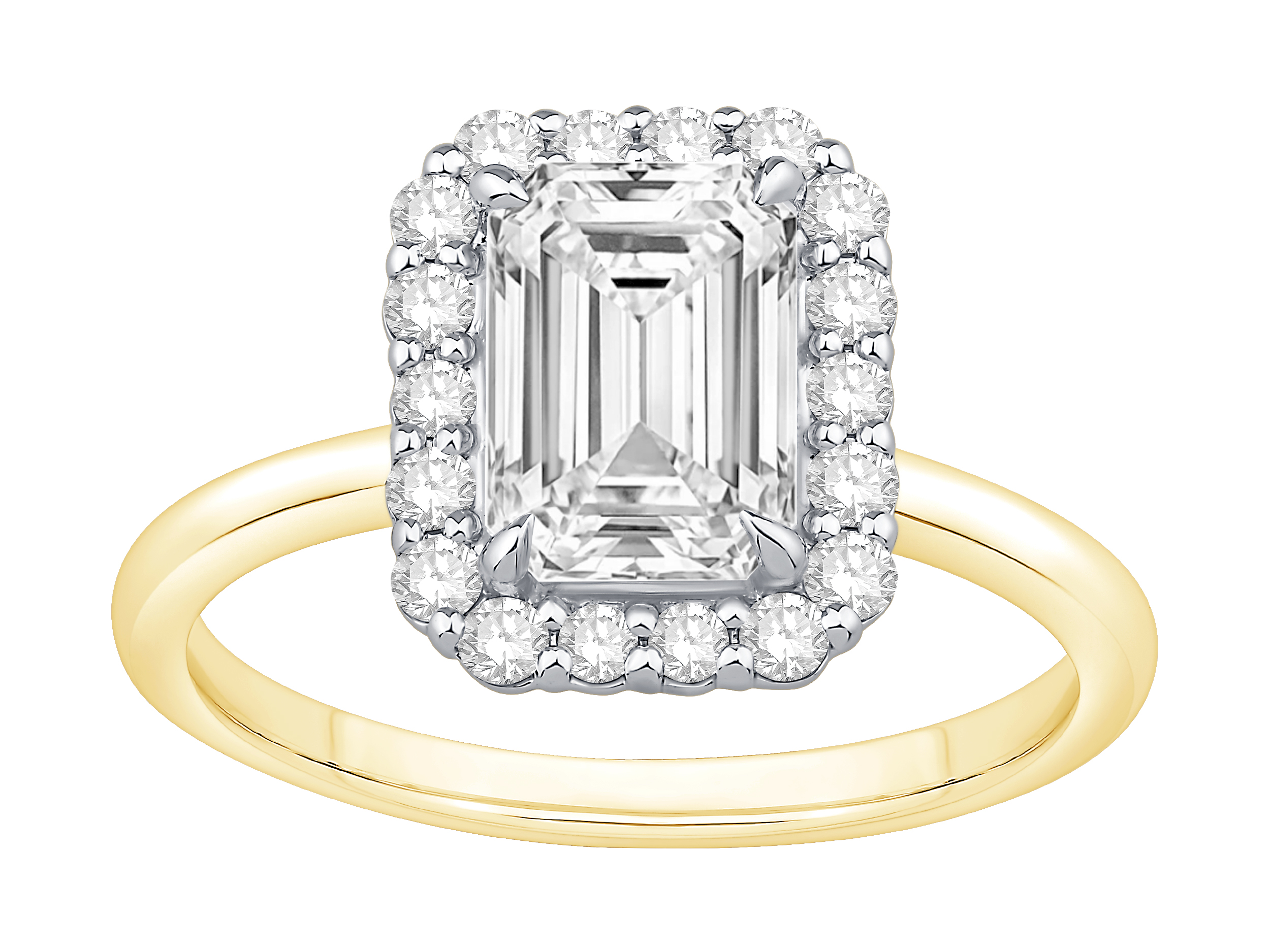 Bague De Fiançailles Halo En Diamant De Laboratoire Taille Émeraude De 2,34 Carats Poids Total En Or Jaune Et Blanc 14 Carats