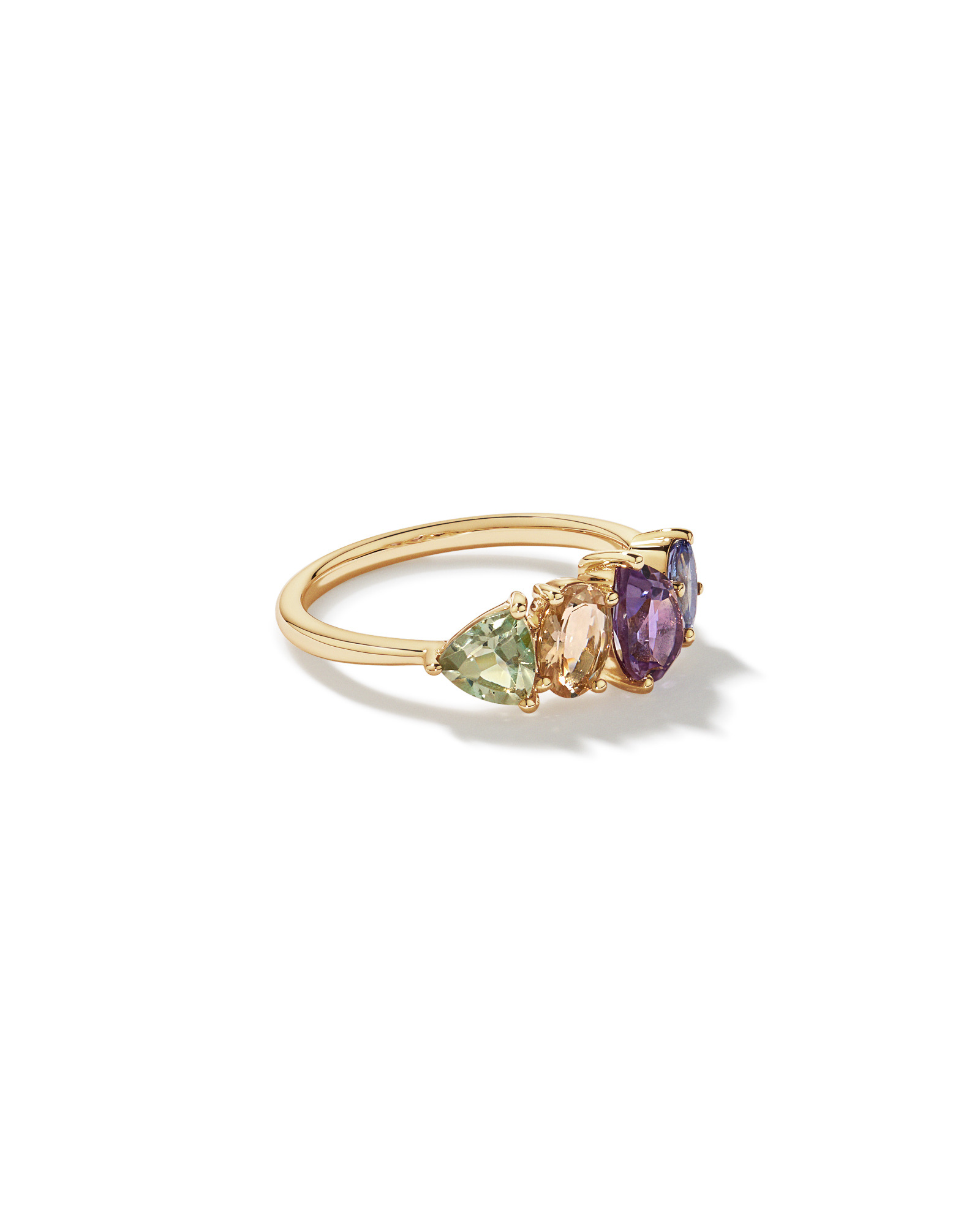 Bague multi-gemmes en améthyste verte, morganite, améthyste rose et tanzanite en or jaune 10 carats