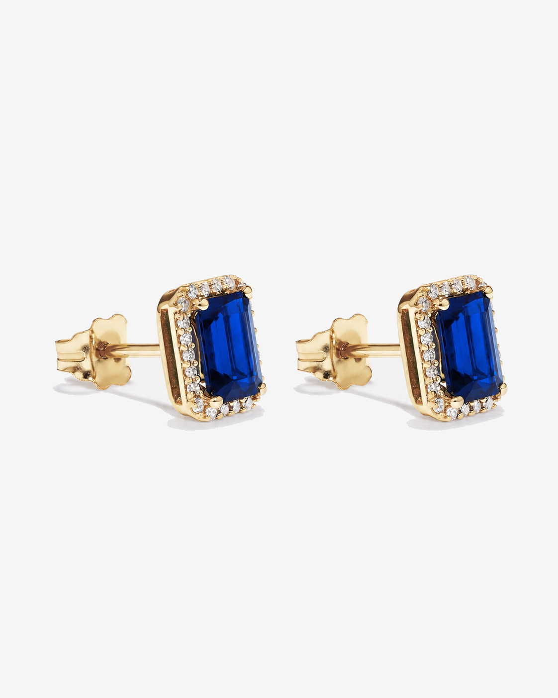 Emerald Cut Created Sapphire and Diamond Halo Earrings in 10kt Yellow Gold