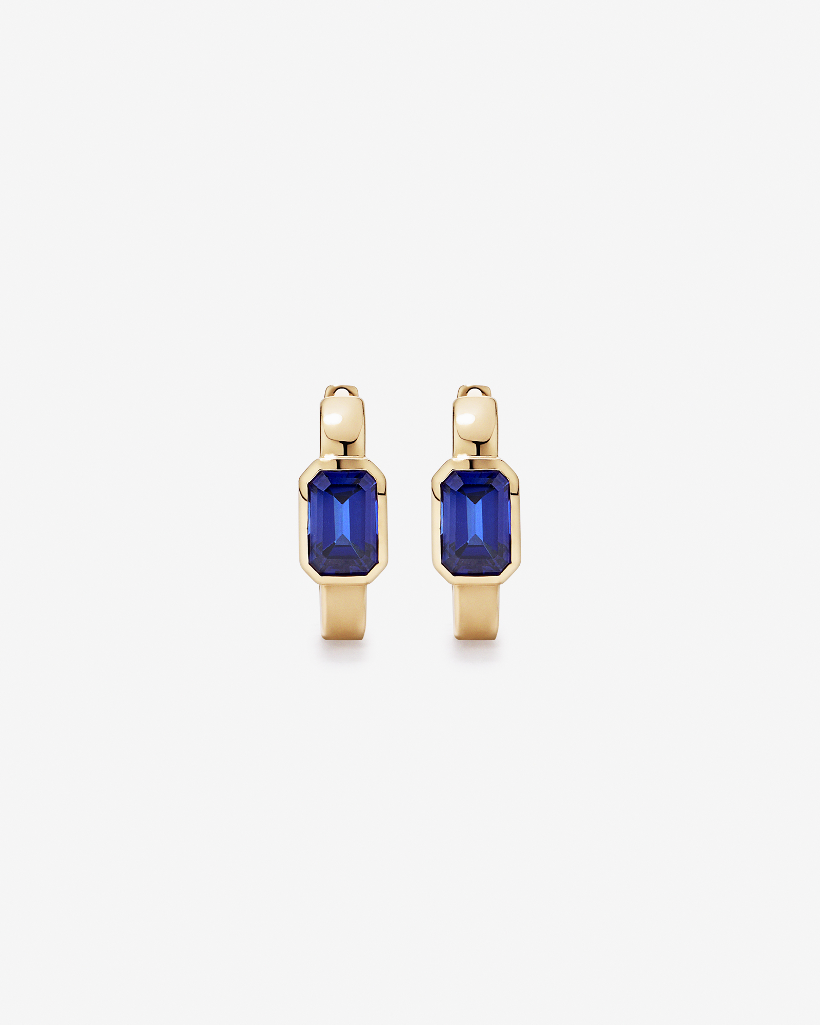 Created Sapphire Bezel Huggie Earrings in 10kt Yellow Gold