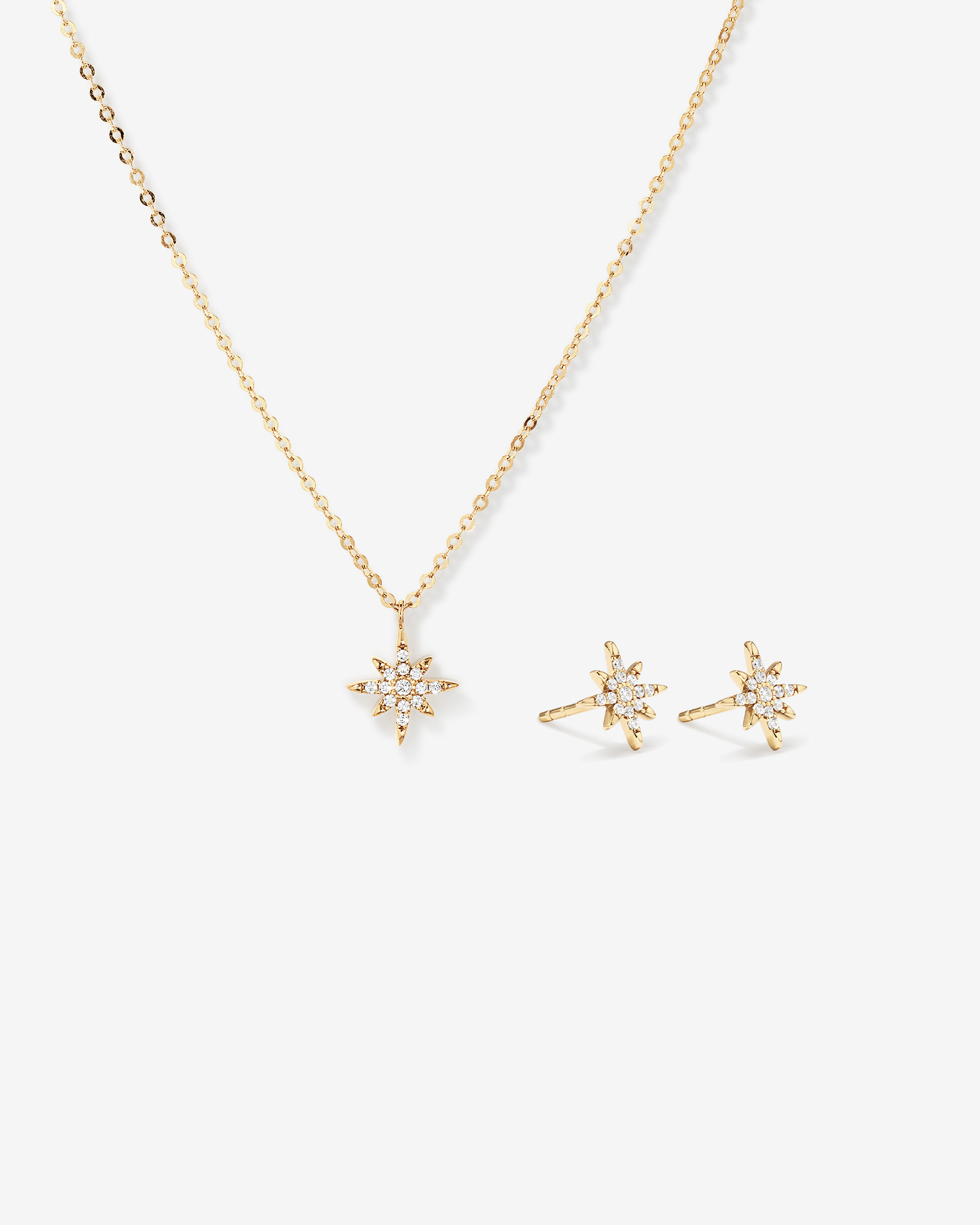 Cubic Zirconia North Star Necklace and Stud Earrings Jewellery Set in 10kt Yellow Gold