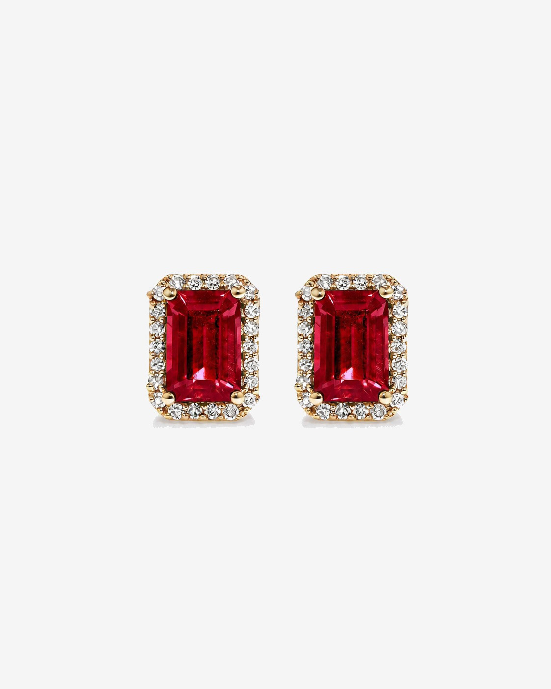 Boucles d'oreilles halo Rubis créé taille émeraude avec diamants en or jaune 10 ct