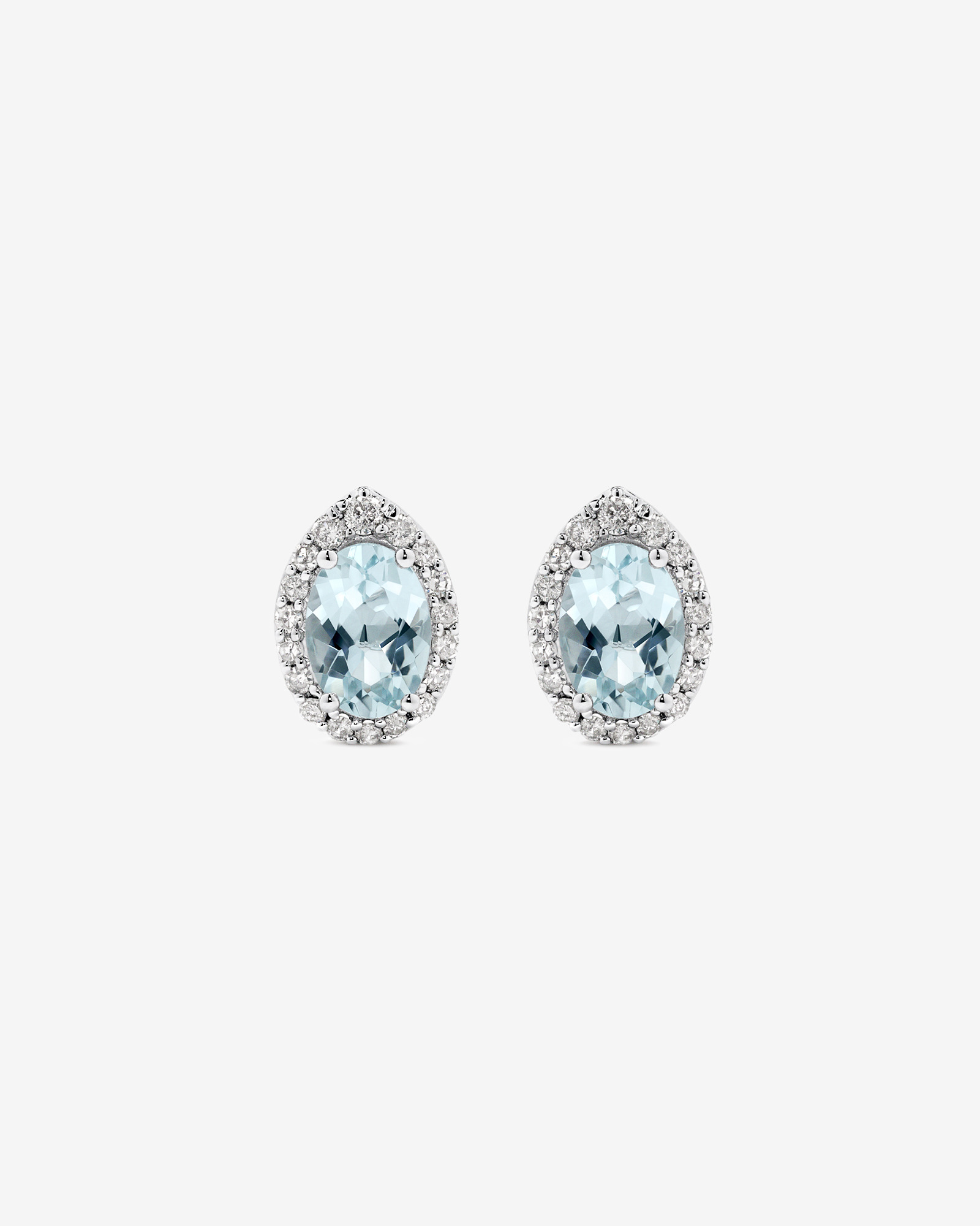 Boucles D'Oreilles Halo Avec Pierre Précieuse Aigue-Marine Bleue Taille Ovale Et 0,27 Carat Pt De Diamants En Or Blanc 10 Ct