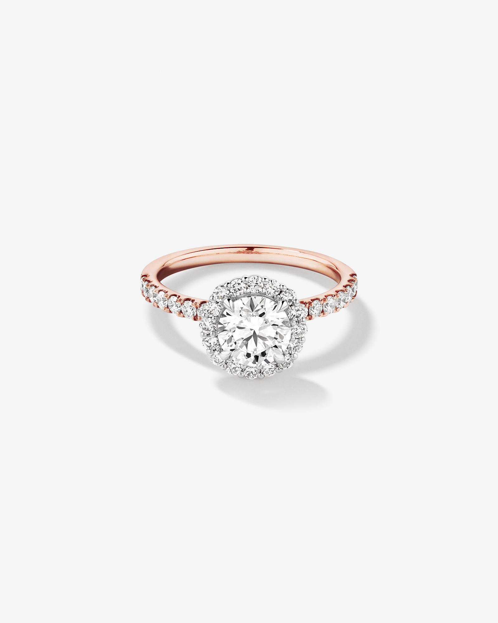 Bague ronde TW Round Brilliant Diamond Halo Engagemet de 1,79 carat en or rose et blanc 14 carats