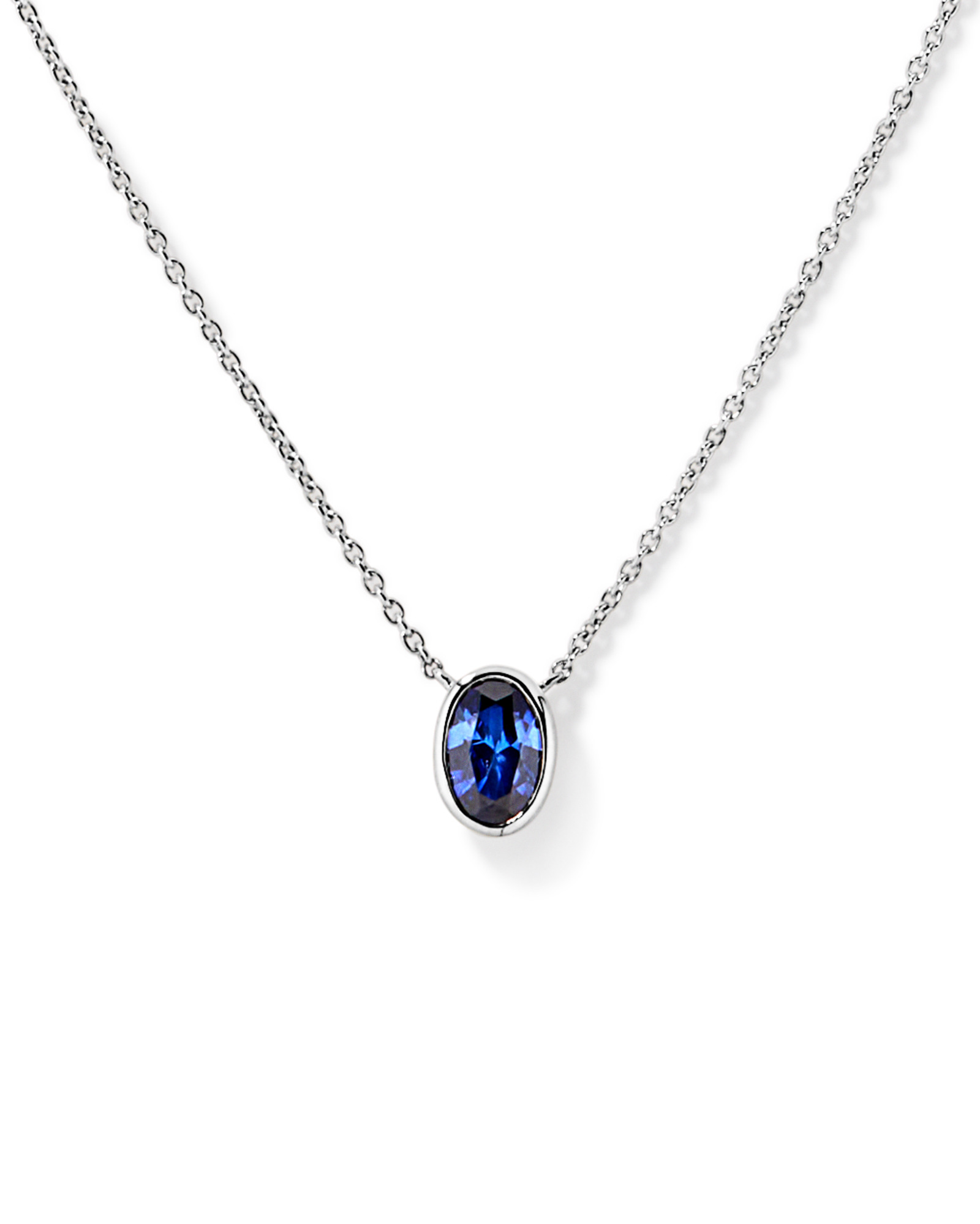 Oval Blue Created Sapphire Bezel Necklace in 10kt White Gold