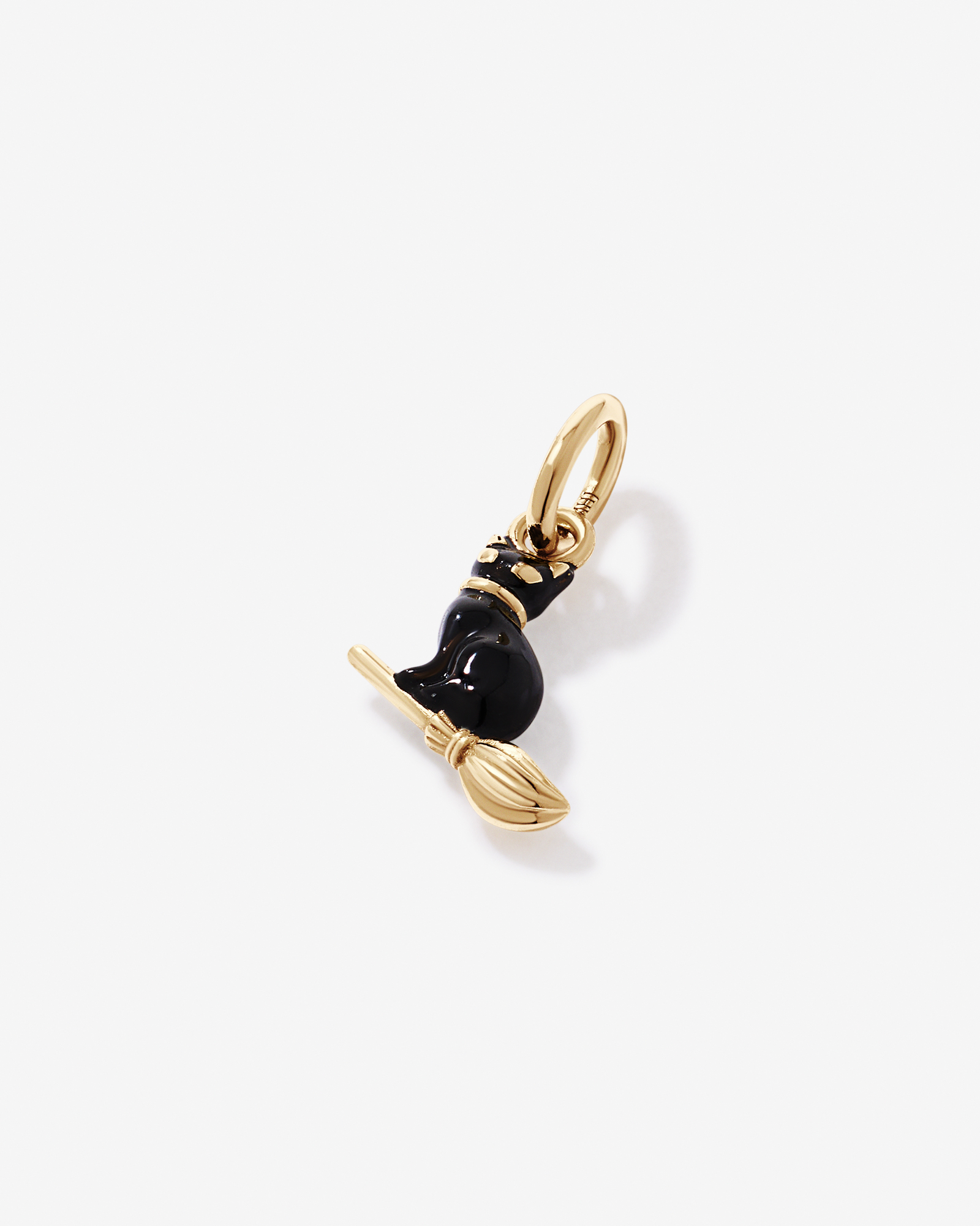 Cat on Broomstick Pendant with Black Enamel in 18kt Yellow Gold Vermeil