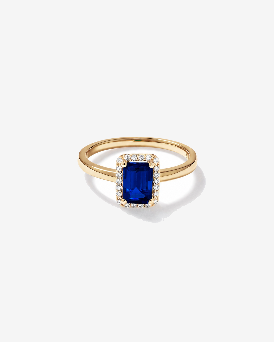 Emerald Cut Created Sapphire and Diamond Halo Ring 10kt Yellow Gold