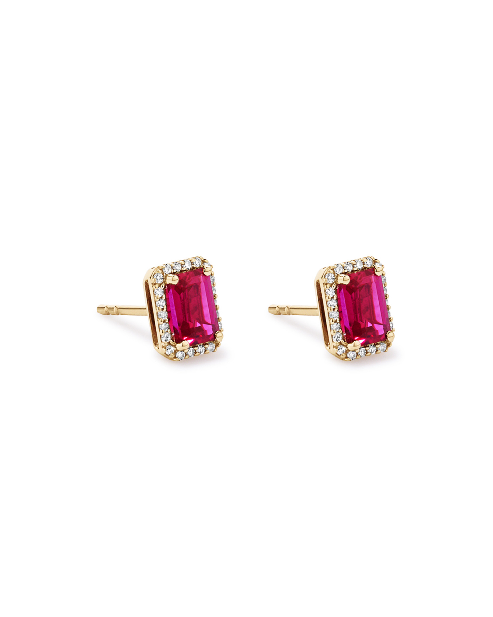 Emerald Cut Created Ruby and Diamond Halo Earrings in 10kt Yellow Gold