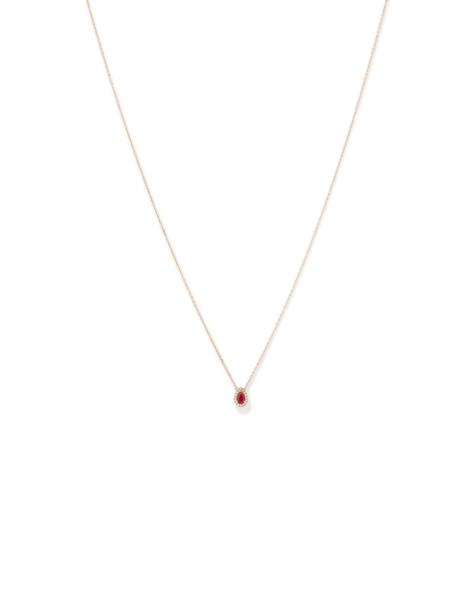 Pear Cut Red Ruby Gemstone and 0.05 Carat TW Diamond Halo Necklace in 10kt Yellow Gold