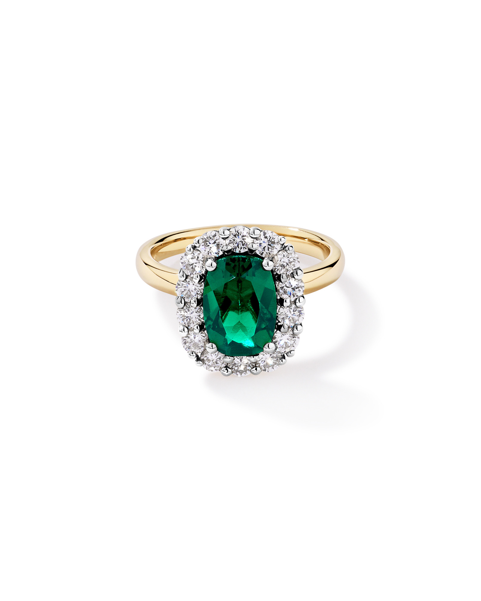 Création de la bague halo en diamant Emerald & 0,96 Carat TW cultivée laboratoire or jaune et blanc 10 carats