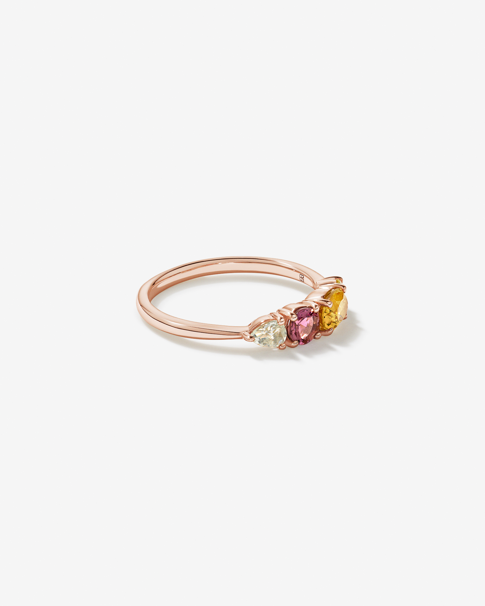 Anneau multi-gemmes en améthyste verte, tourmaline rose, citrine orange et quartz citron or rose 10 carats
