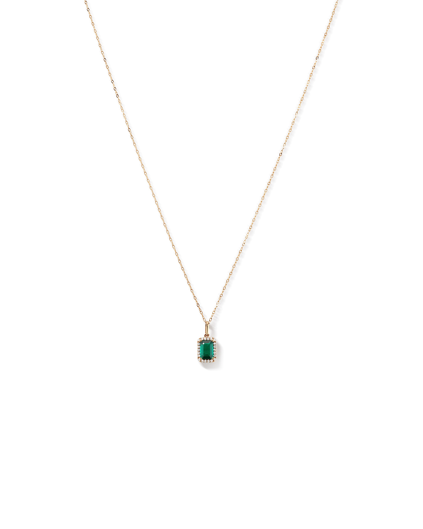 Emerald Cut Green Created Emerald Gemstone and  Diamond Halo Pendant with Chain in 10kt Yellow Gold