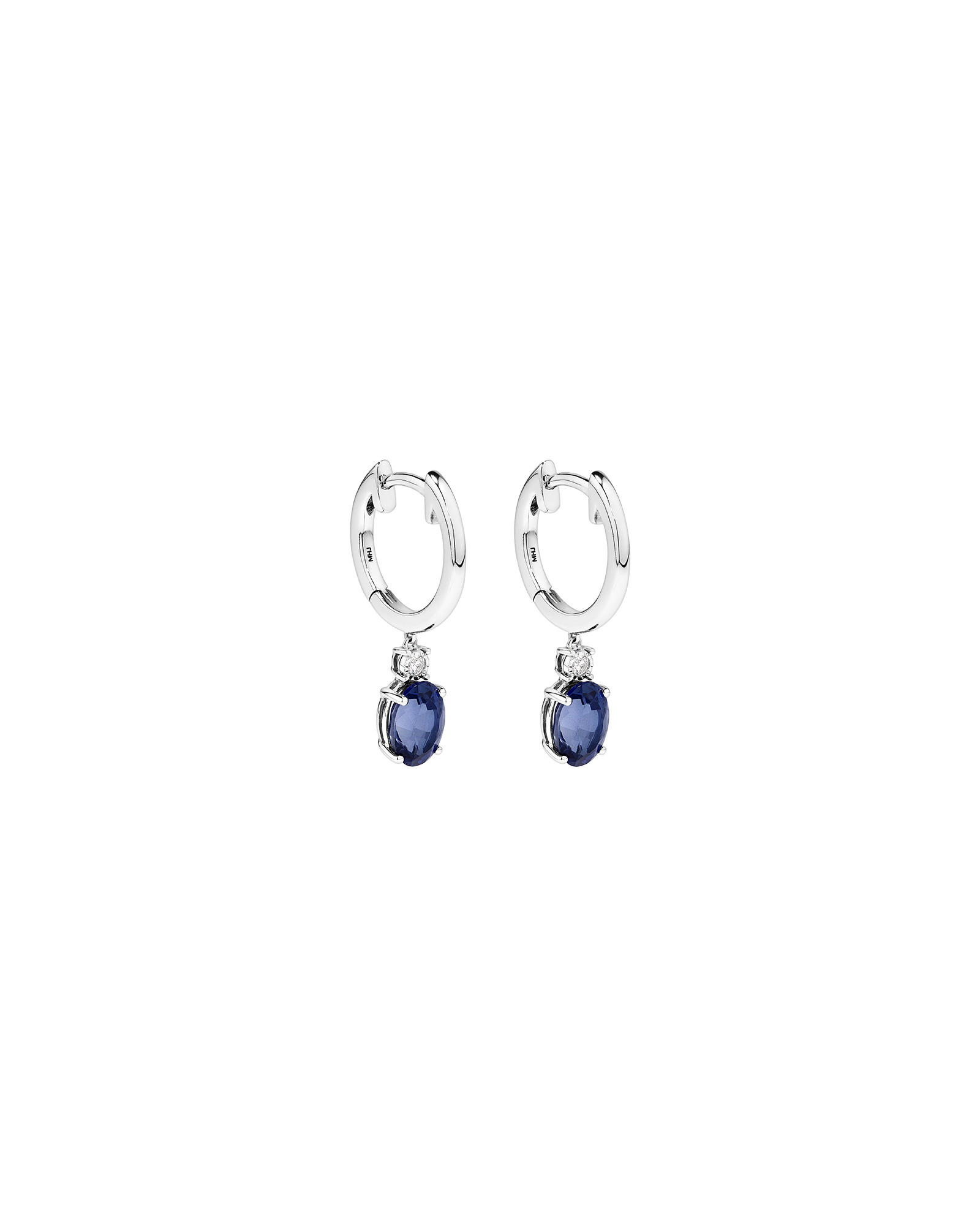 Boucles d'oreilles pendantes huggies en argent sterling avec pierre précieuse en saphir bleu de synthèse taille ovale et diamants