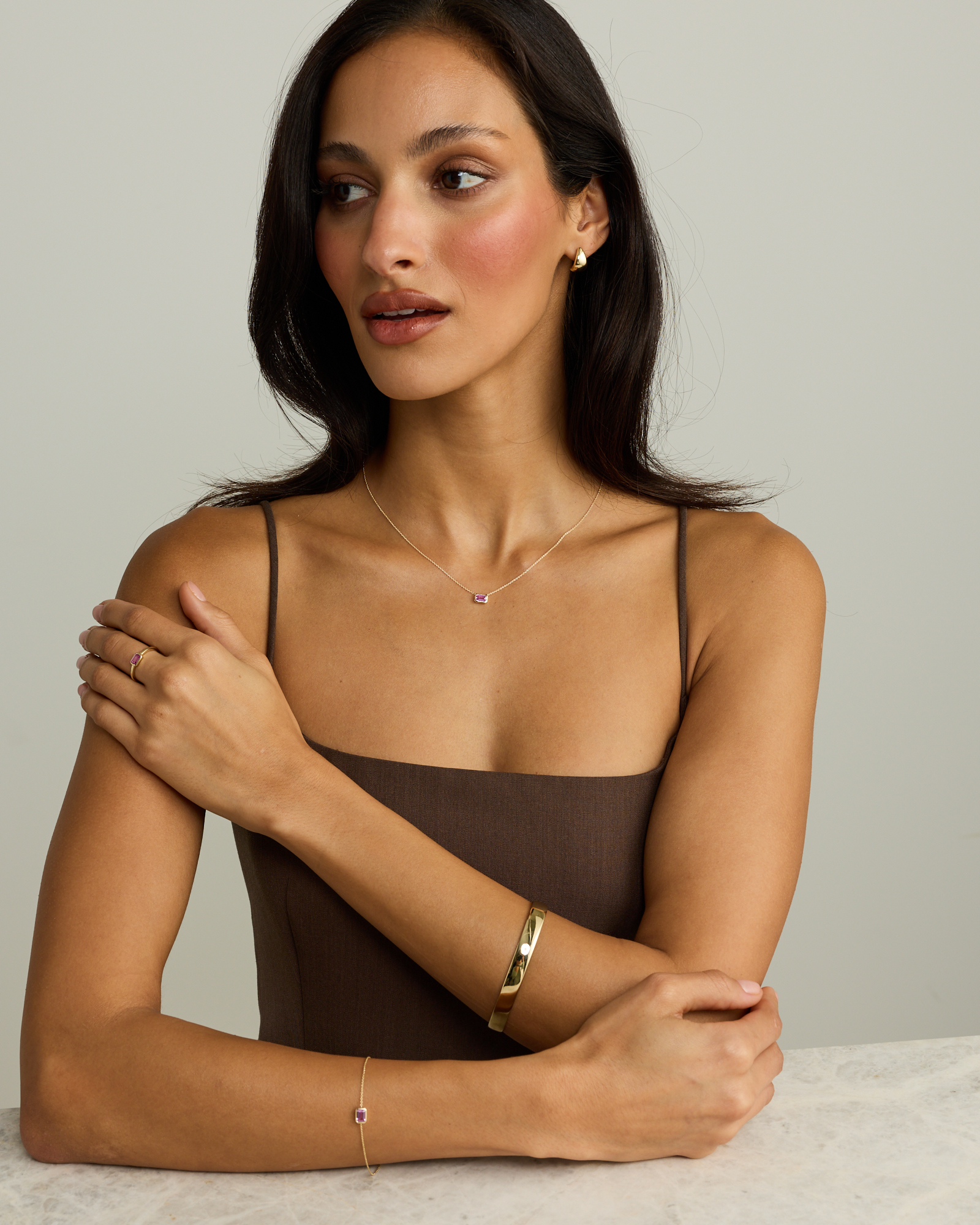 Emerald Cut Pink Created Sapphire East-to-West Set Bezel Necklace with Chain in 10kt Gold