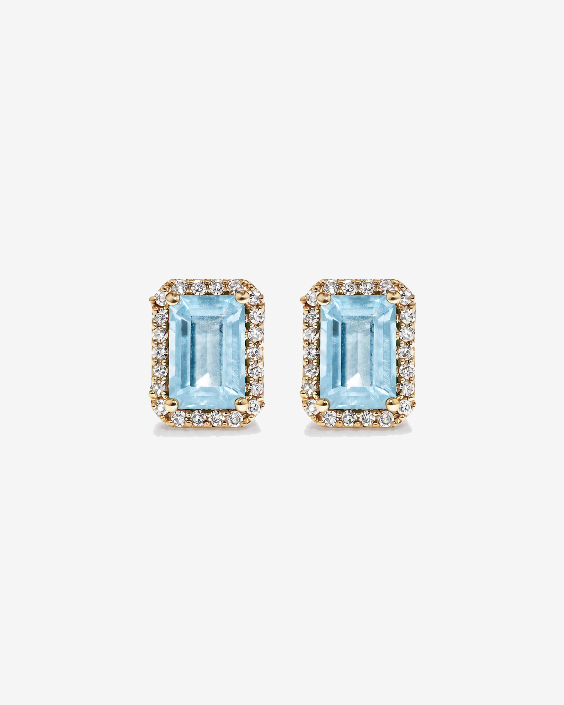 Emerald Cut Aquamarine and Diamond Halo Earrings in 10kt Yellow Gold
