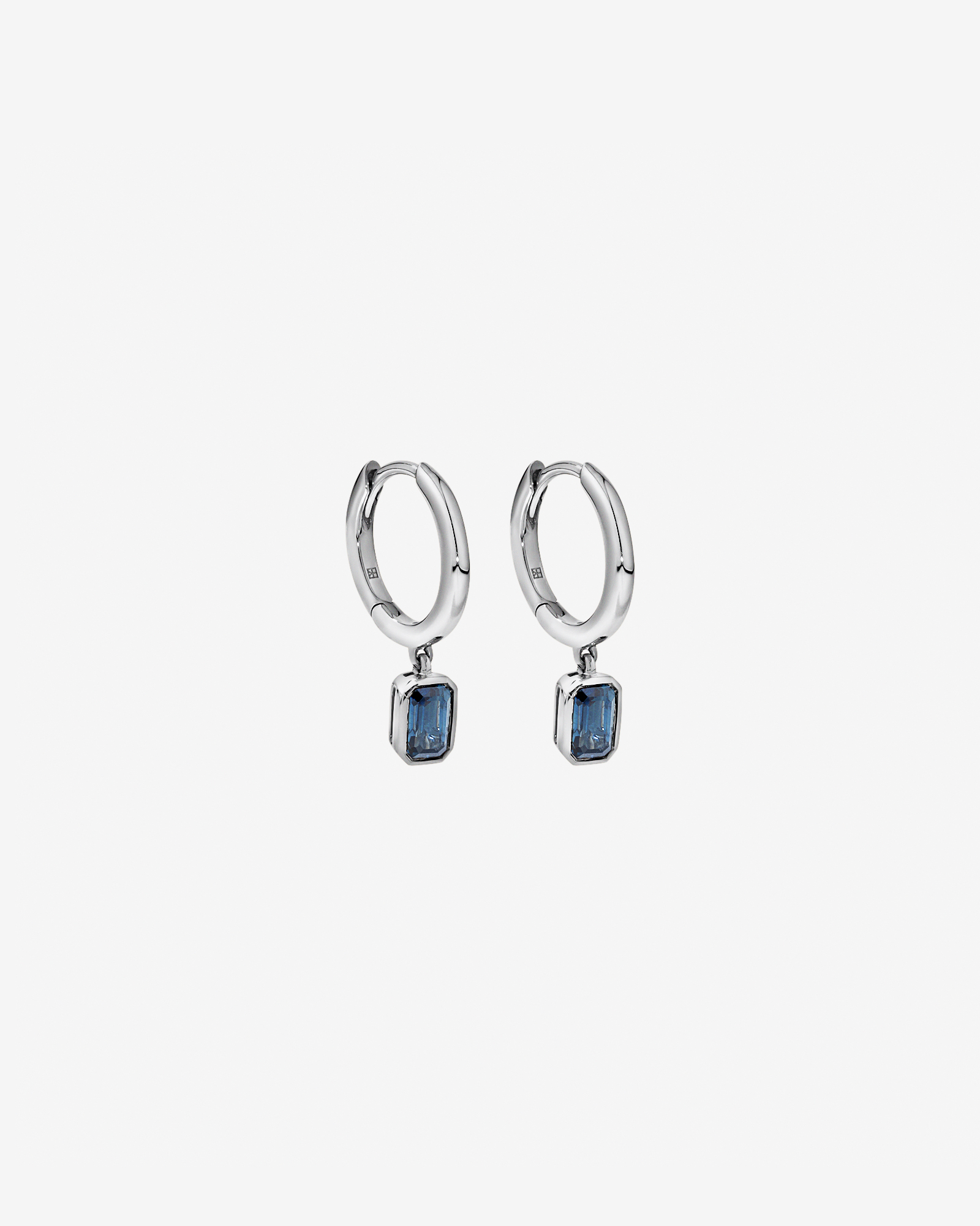 Australian Sapphire Emerald Cut Bezel Set Drop Hoop Earrings in 10kt Gold