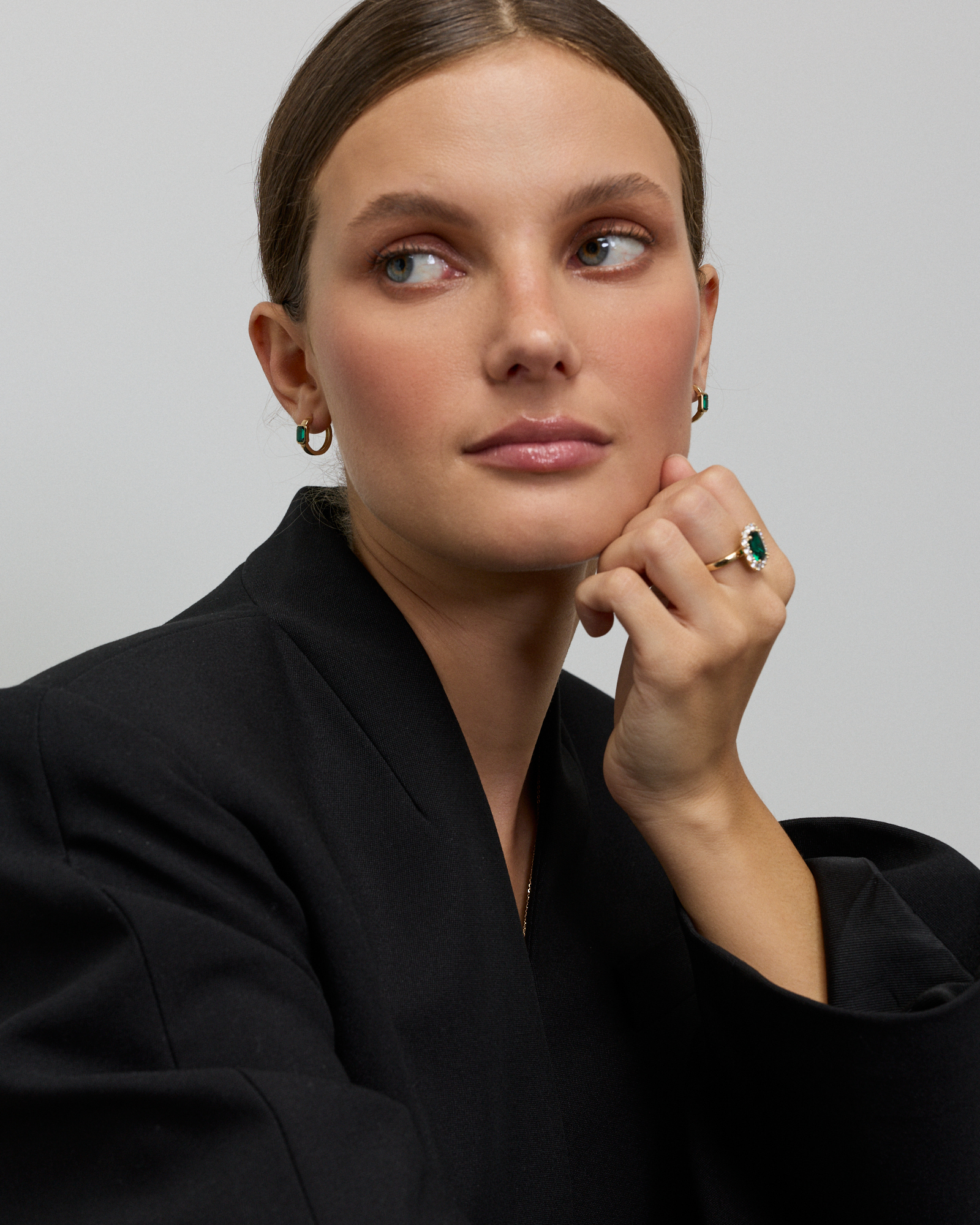 Created Emerald Bezel Huggie Earrings in 10kt Yellow Gold