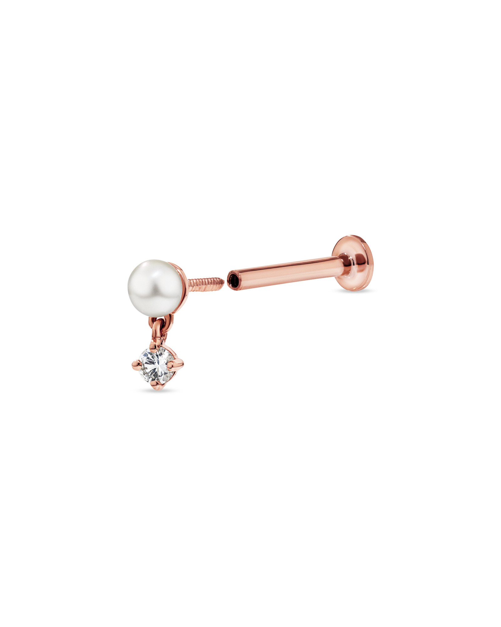 Boucle d’oreille simple hélice en perle d’eau douce cultivée et saphir blanc en or rose 10 carats