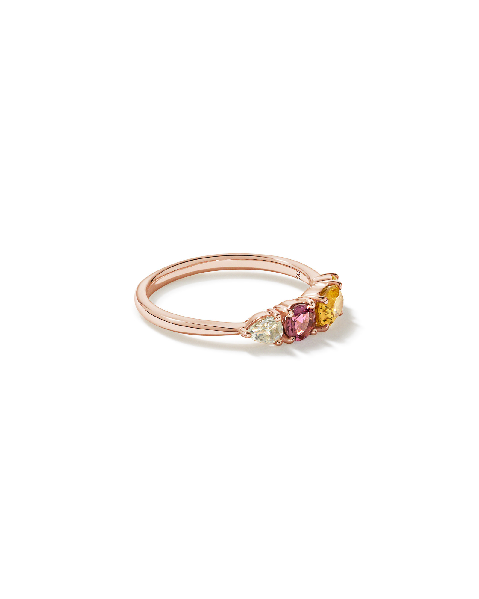 Anneau multi-gemmes en améthyste verte, tourmaline rose, citrine orange et quartz citron or rose 10 carats