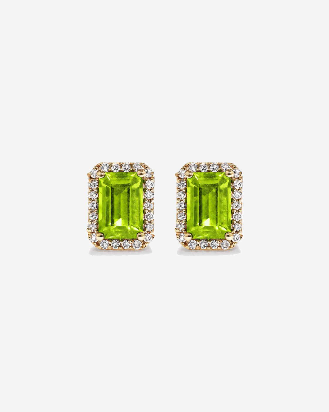 Boucles d'oreilles halo Péridot taille émeraude avec diamants en or jaune 10 ct