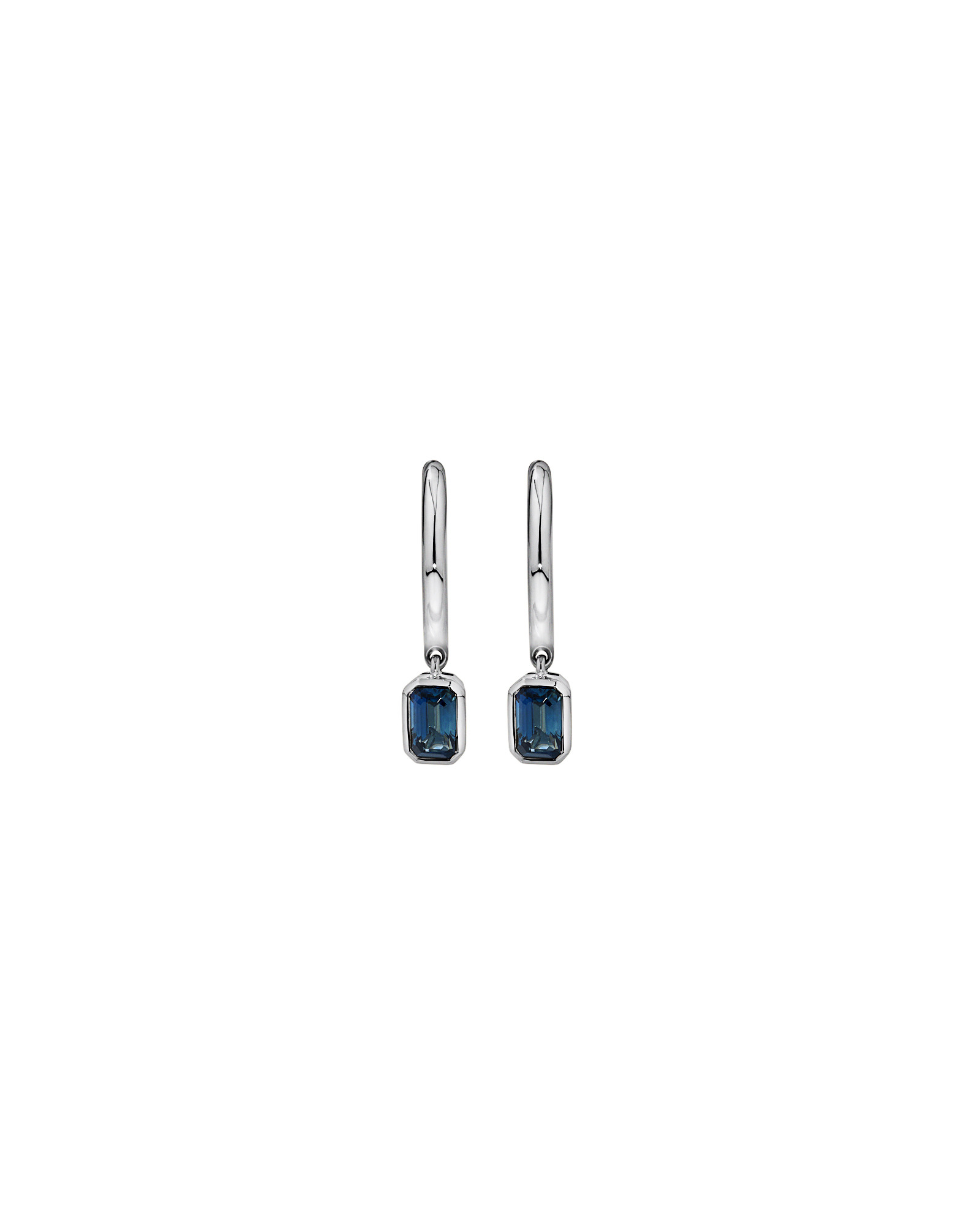 Australian Sapphire Emerald Cut Bezel Set Drop Hoop Earrings in 10kt Gold