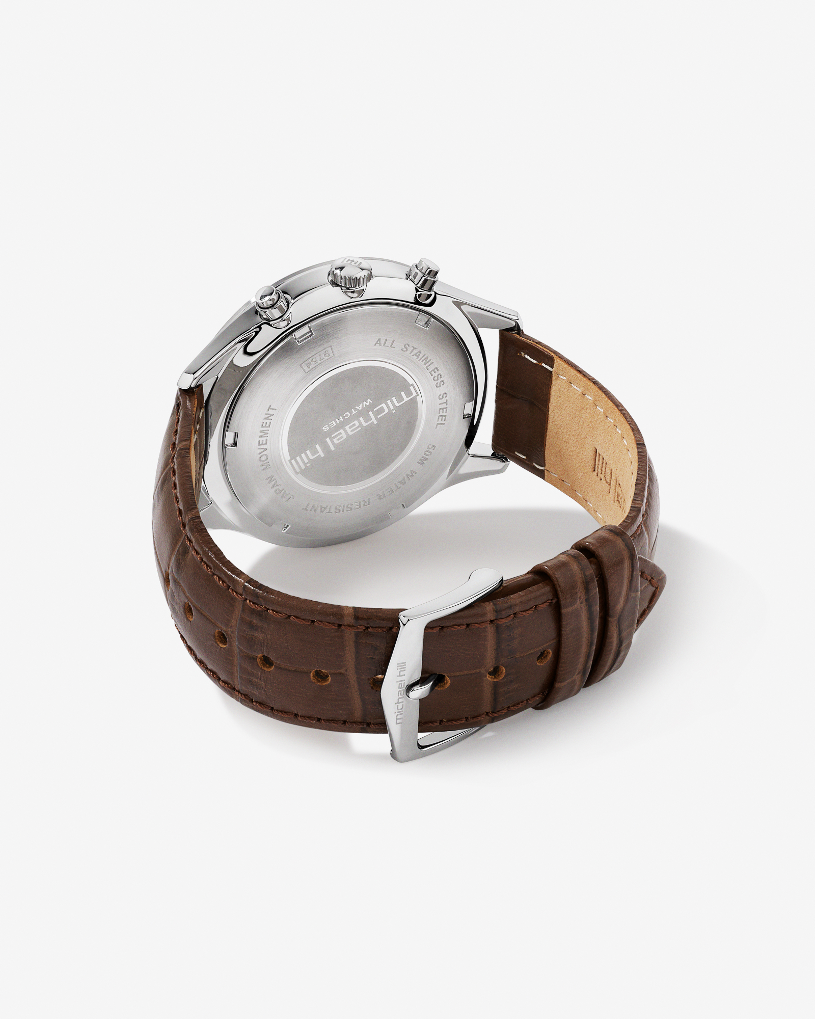 Montre chronographe en acier inoxydable et en cuir brun pour homme