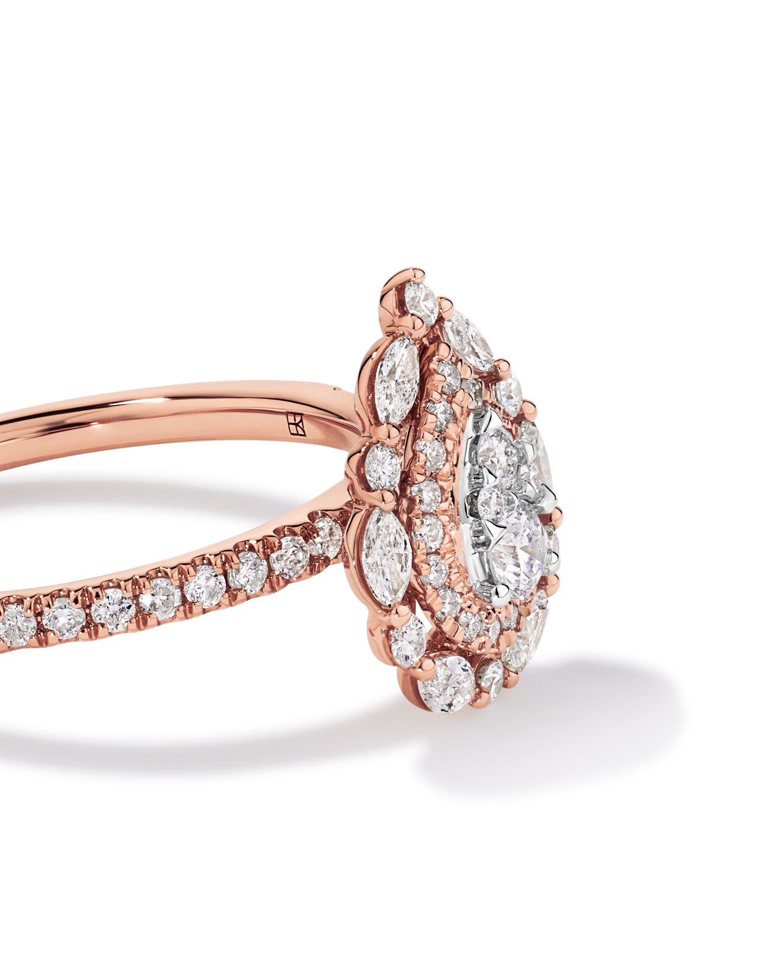 0.62 Carat TW Round Brilliant and Marquise Double Halo Cluster Diamond Ring 14kt Rose Gold with Rhodium