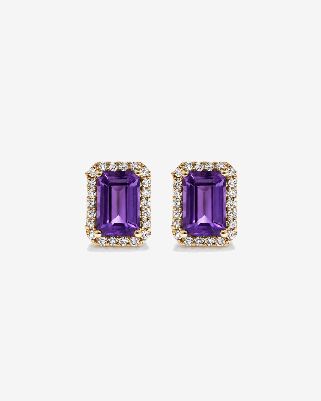 Emerald Cut Amethyst and Diamond Halo Earrings in 10kt Yellow Gold