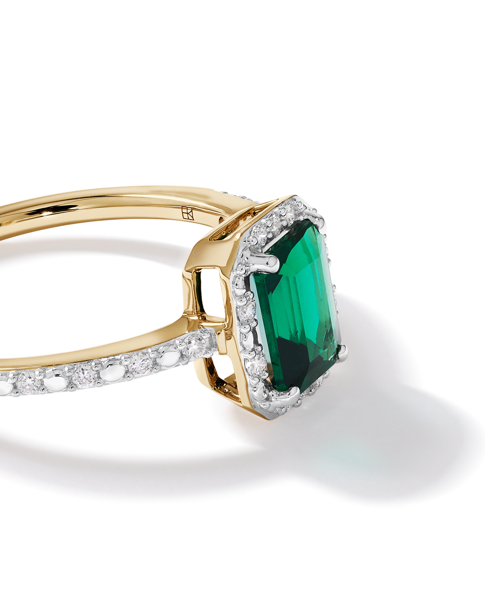 Emerald Cut Green Created Emerald and Lab-Grown Diamond Halo Ring in 10kt Yellow Gold and Rhodium
