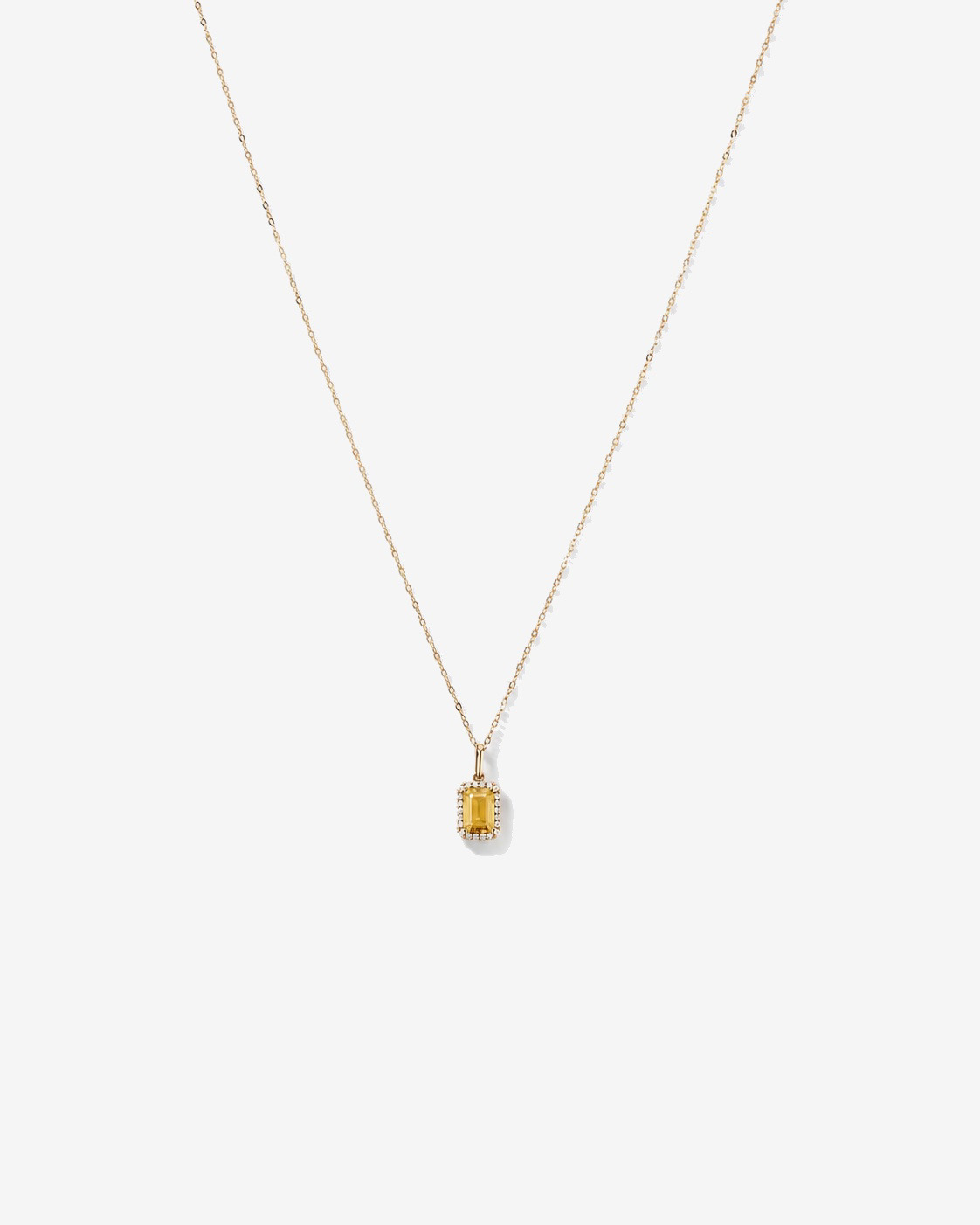 Emerald Cut Citrine and Diamond Halo Pendant with Chain in 10kt Yellow Gold