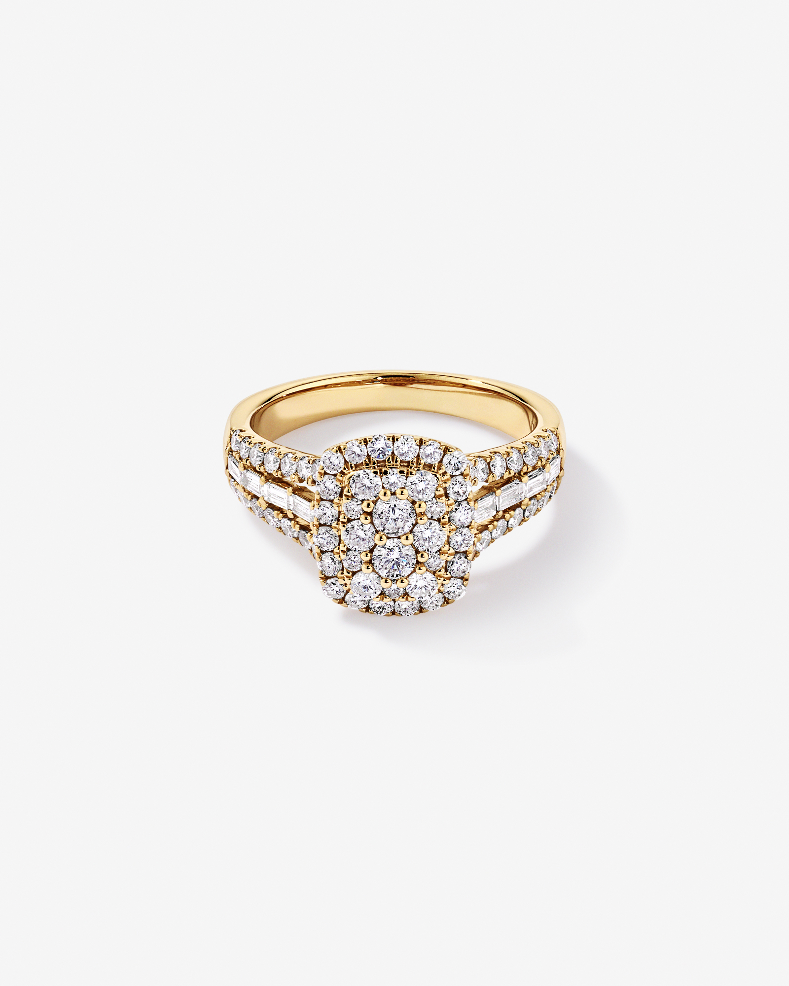 1.25 Carat TW Round Brilliant and Baguette Cluster Diamond Ring in 14kt Yellow Gold
