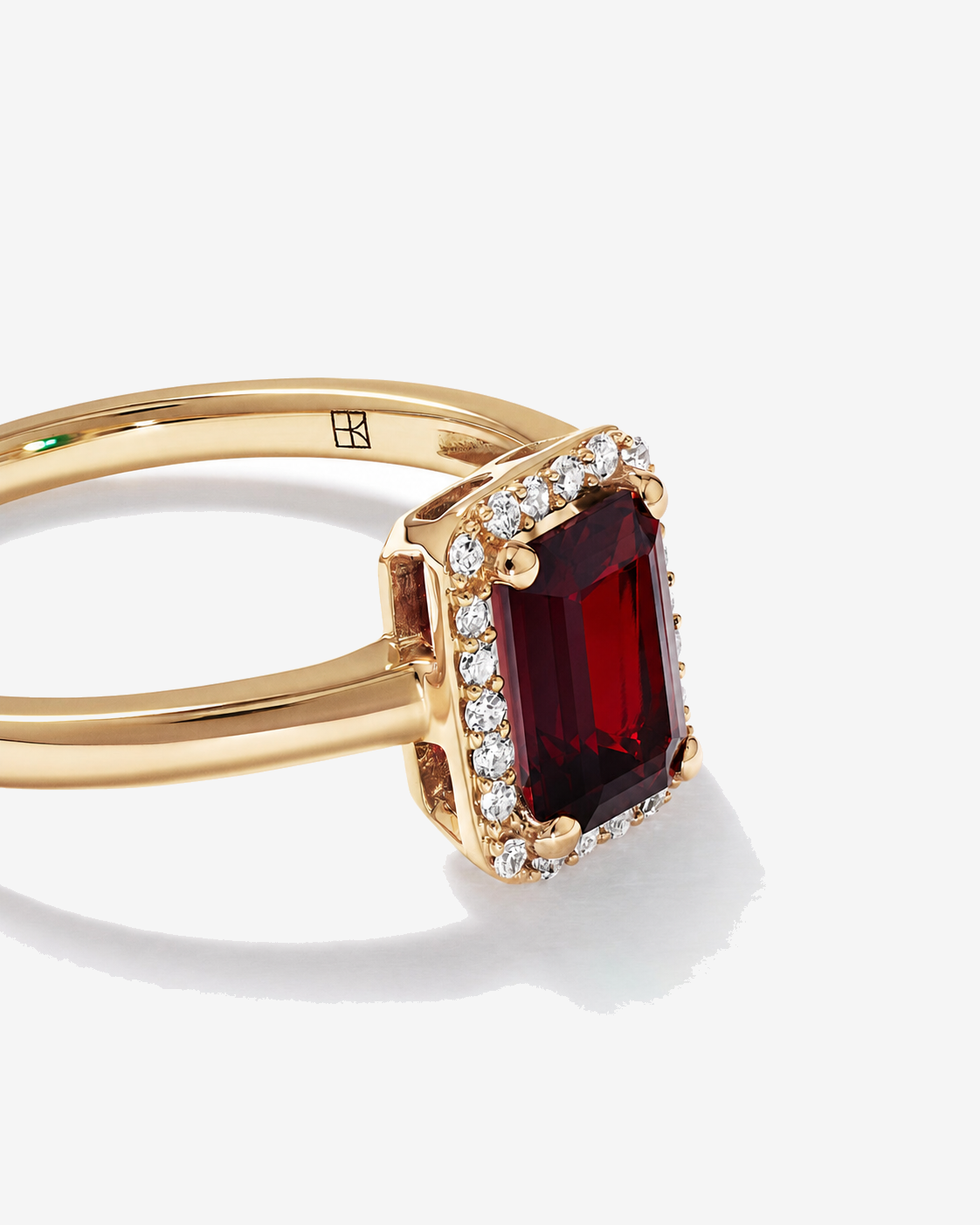 Emerald Cut Garnet and Diamond Halo Ring 10kt Yellow Gold