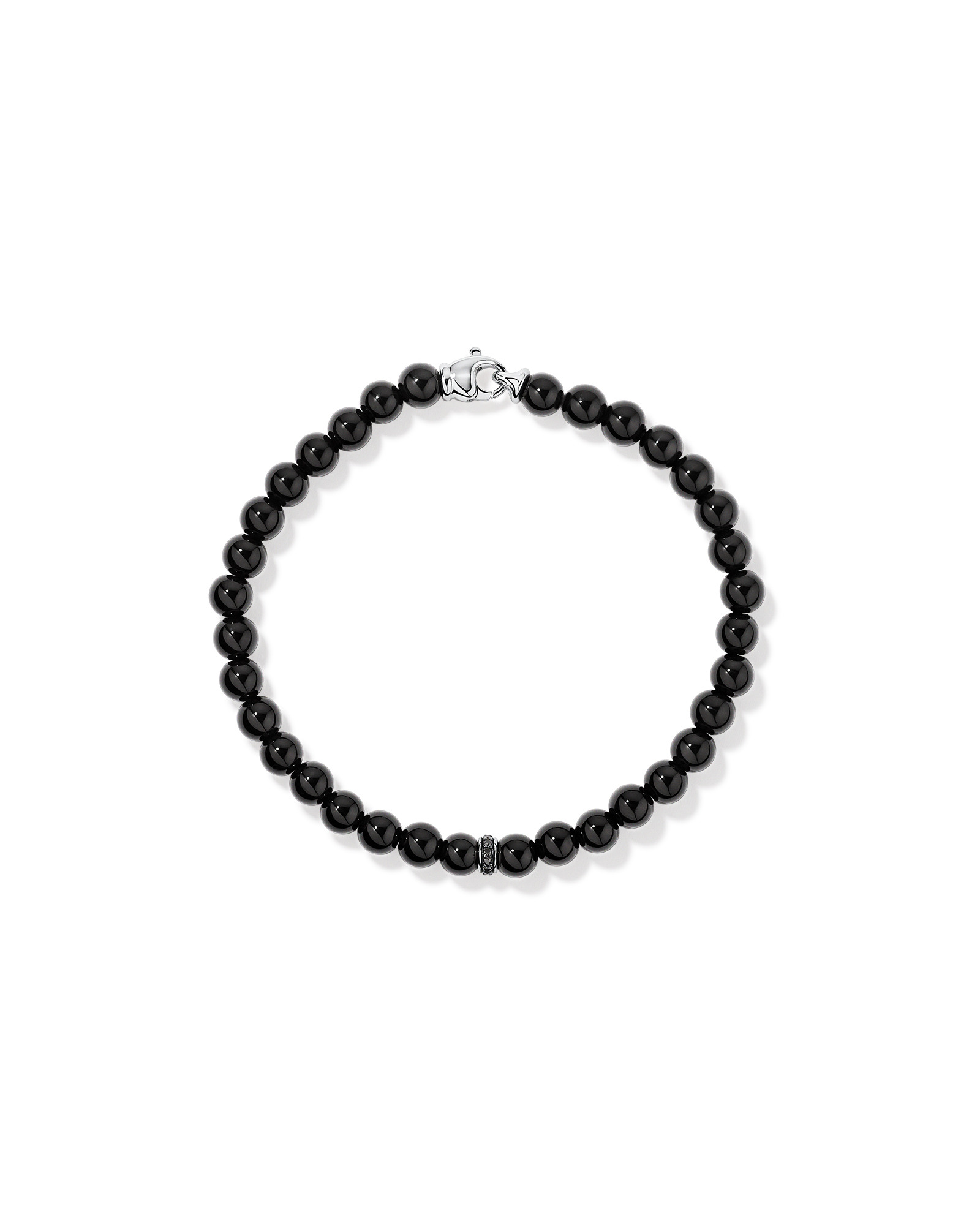 Bracelet en perles d'onyx de 21 cm avec rondelle de diamant noir en argent sterling