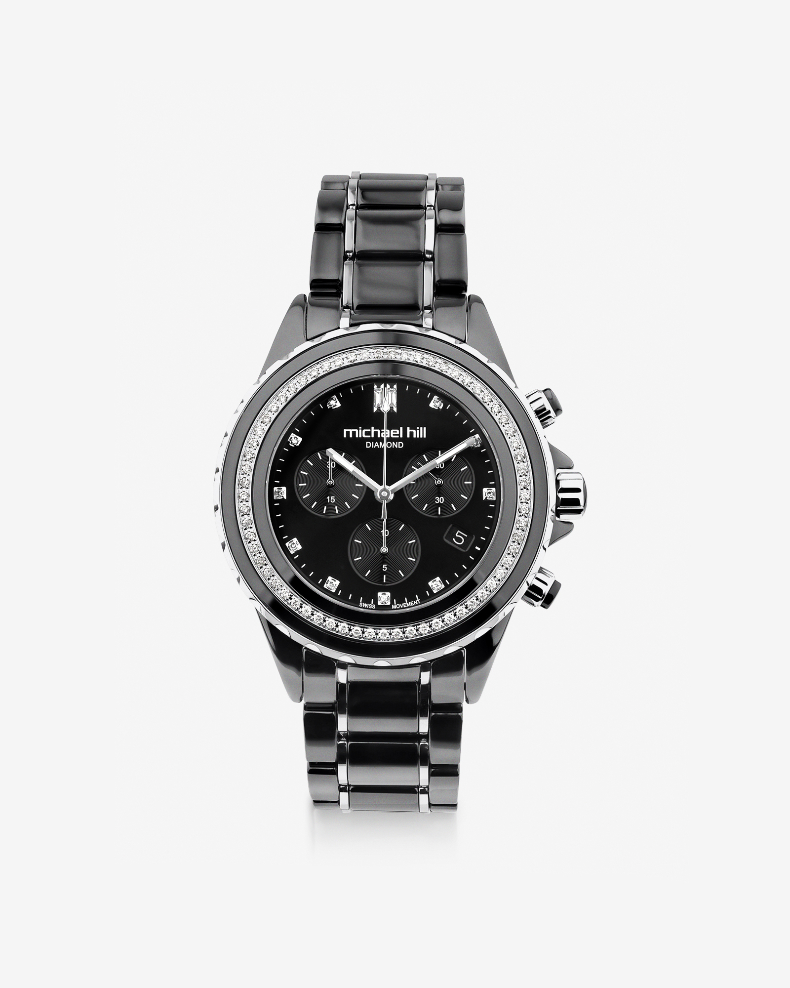 Montre chronographe en céramique noire et acier inoxydable rose avec diamants totalisant 0,50 ct.