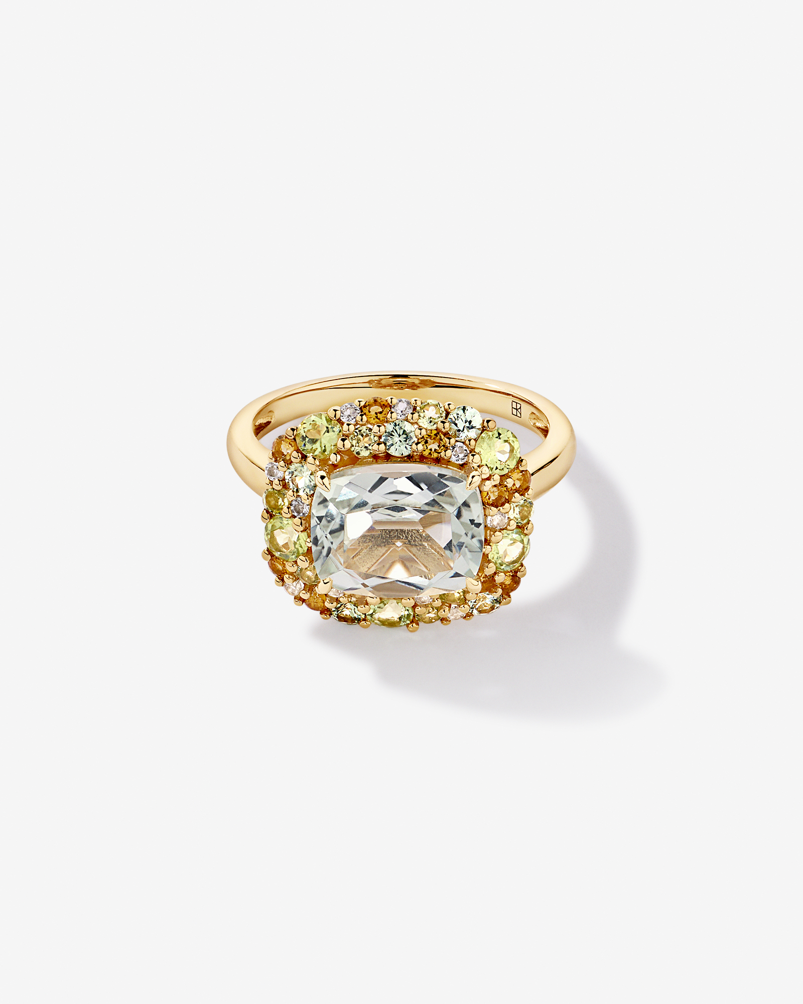 Green Amethyst, Peridot, Citrine & White Topaz Halo Ring 10kt Yellow Gold