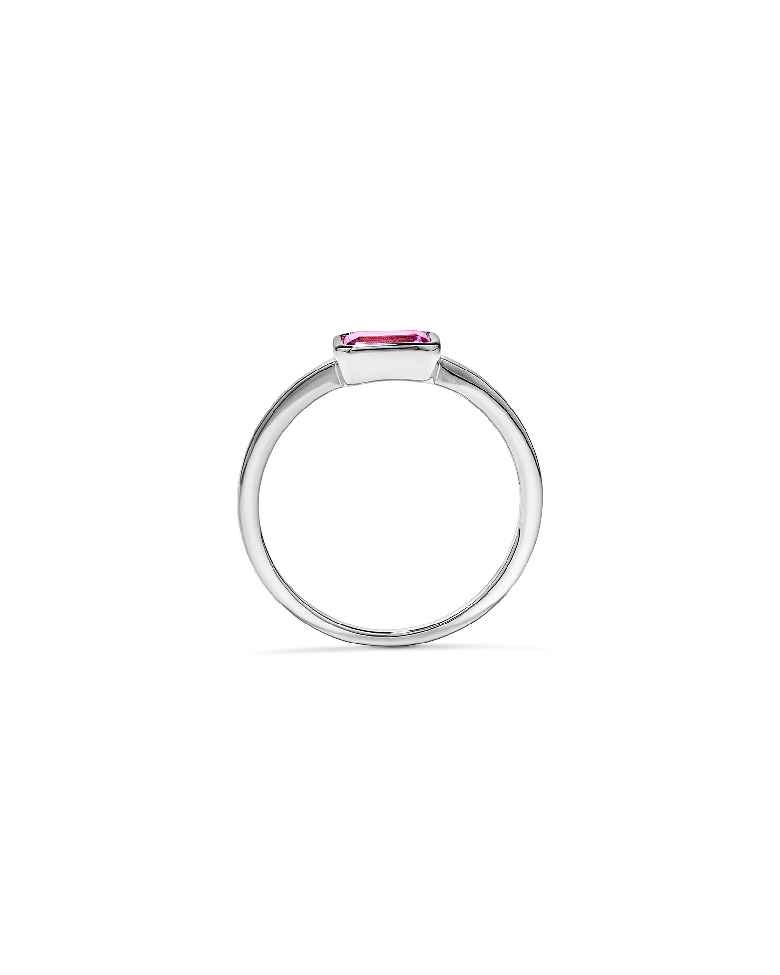 Emerald Cut Pink Created Sapphire East-to-West Set Bezel Ring 10kt Gold
