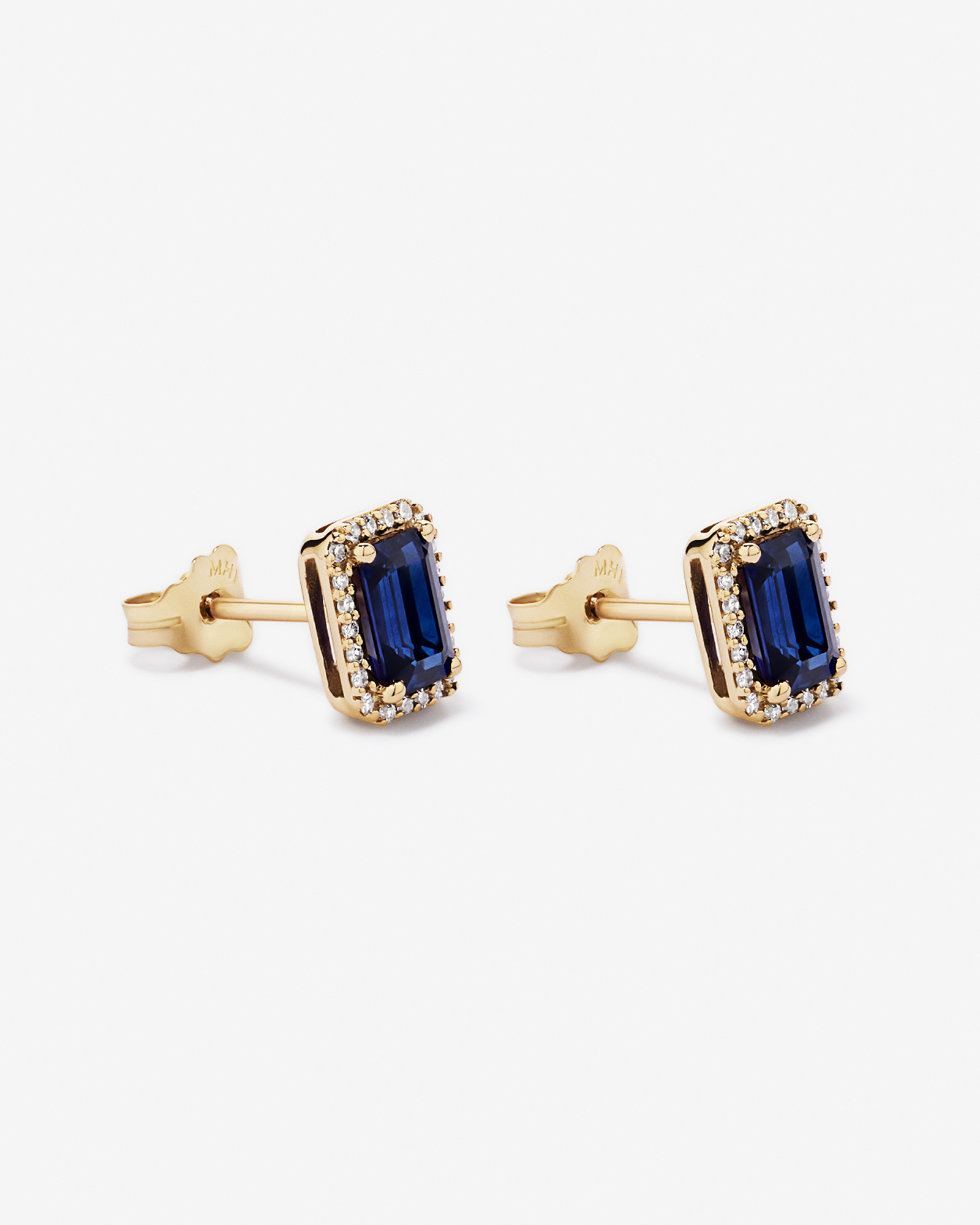 Emerald Cut Created Sapphire and Diamond Halo Earrings in 10kt Yellow Gold