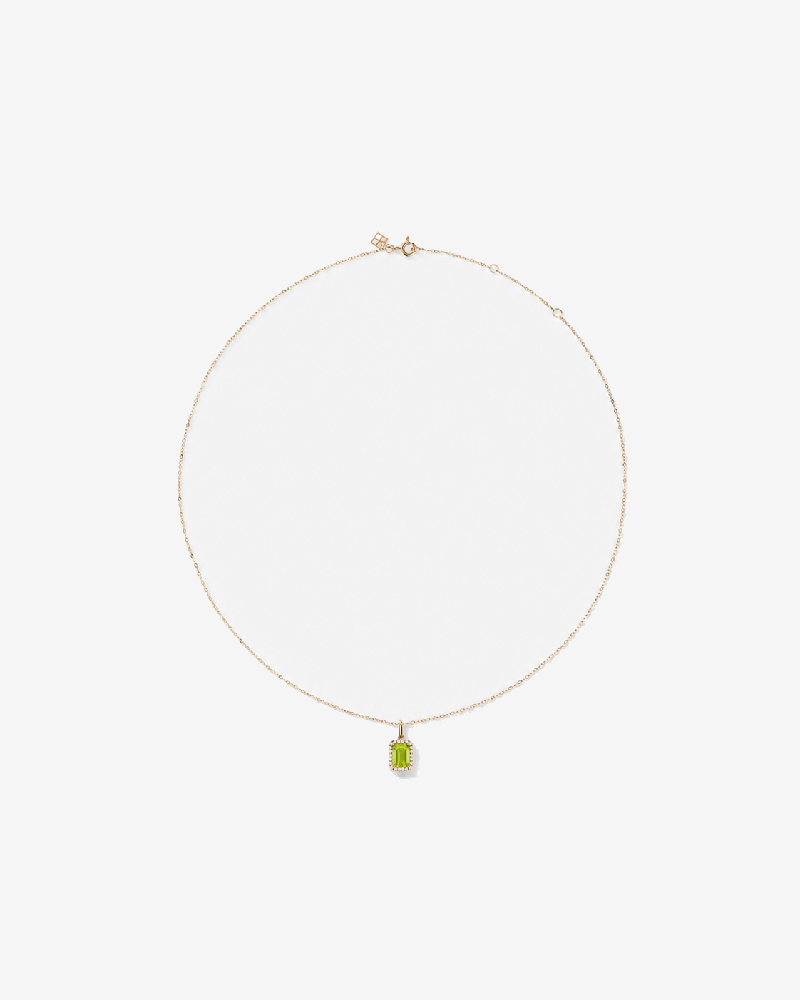 Emerald Cut Peridot and Diamond Halo Pendant with Chain in 10kt Yellow Gold