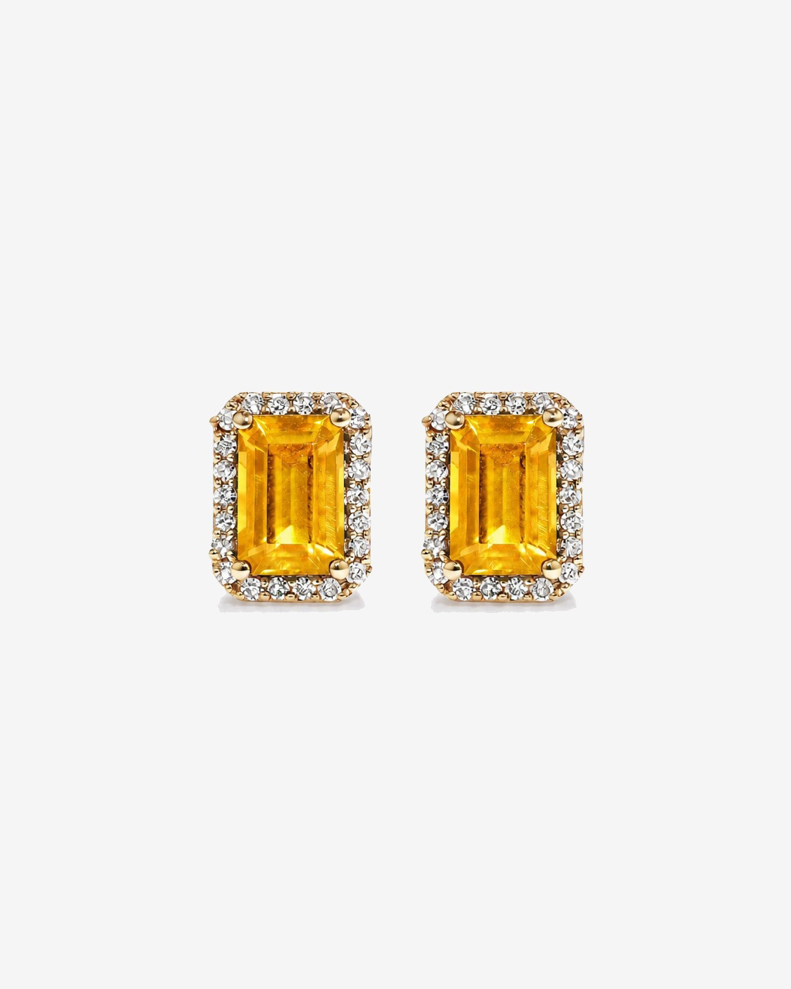 Emerald Cut Citrine and Diamond Halo Earrings in 10kt Yellow Gold