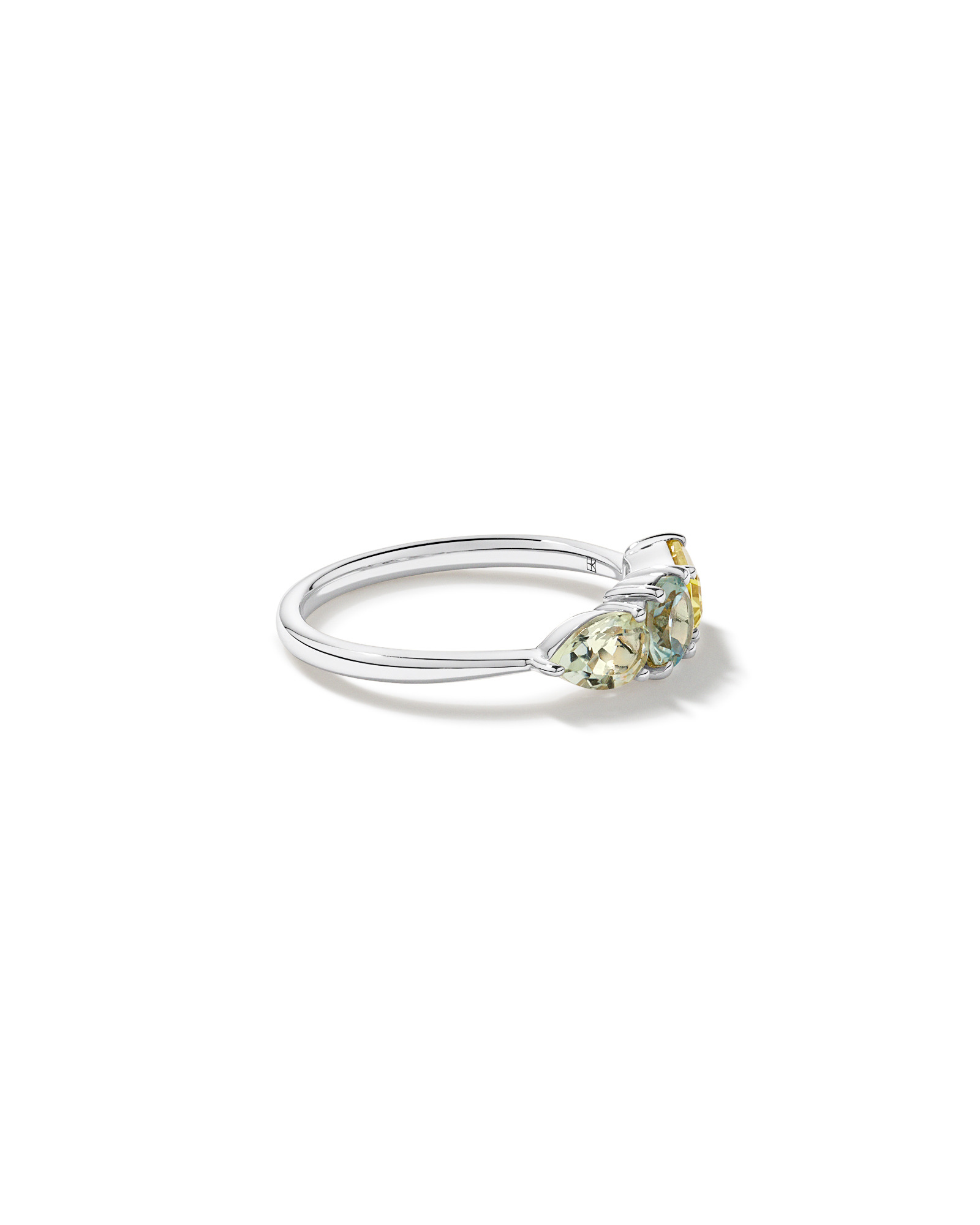 Anneau multi-gemmes en améthyste verte, topaze bleu ciel et quartz citron or blanc 10 carats